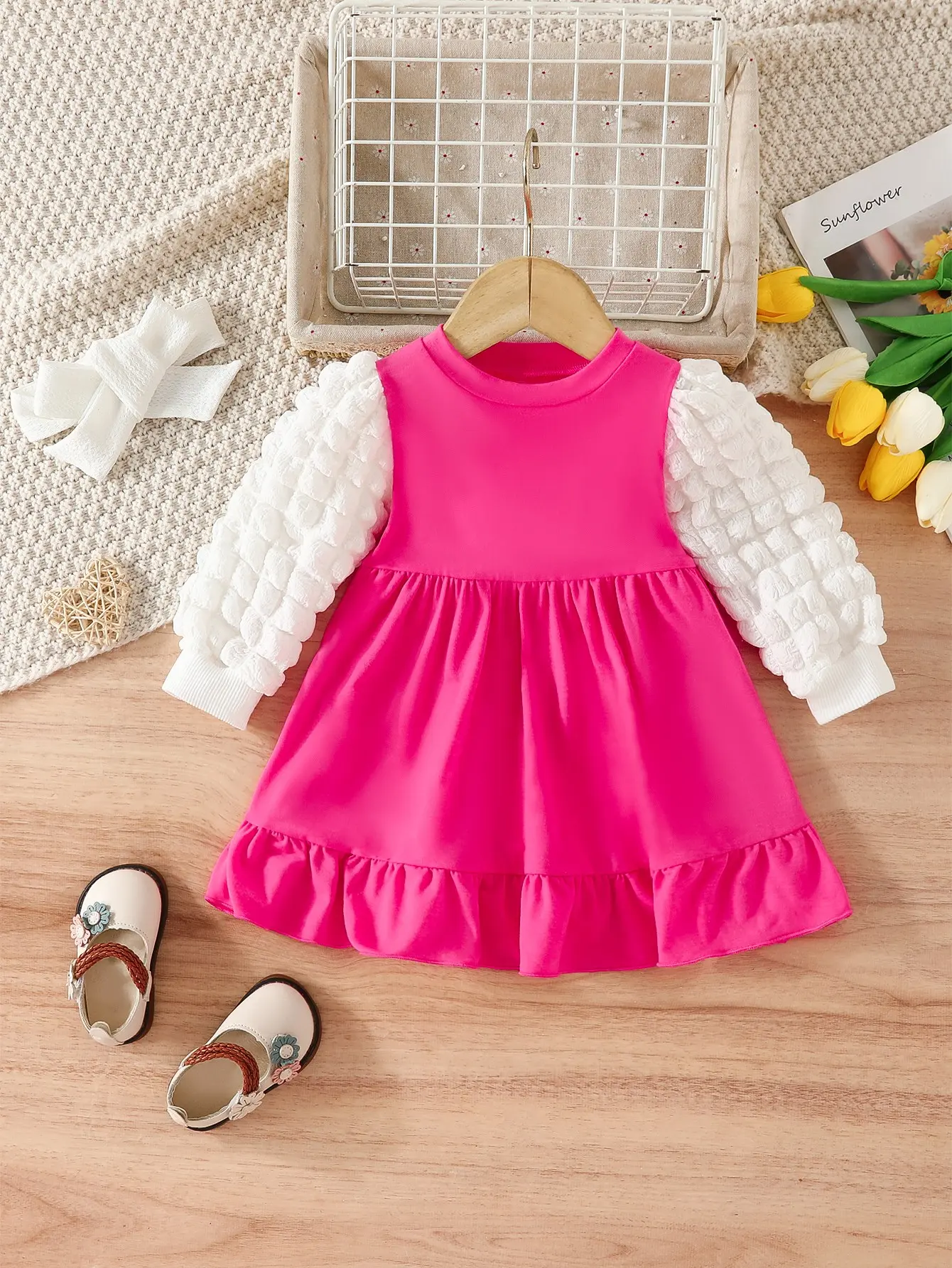 0-24 Months Autumn Baby girl Dress with Bubble Sleeves Pleated Long sleeves, Baby girl Clothing suitable for Dress Little Girls