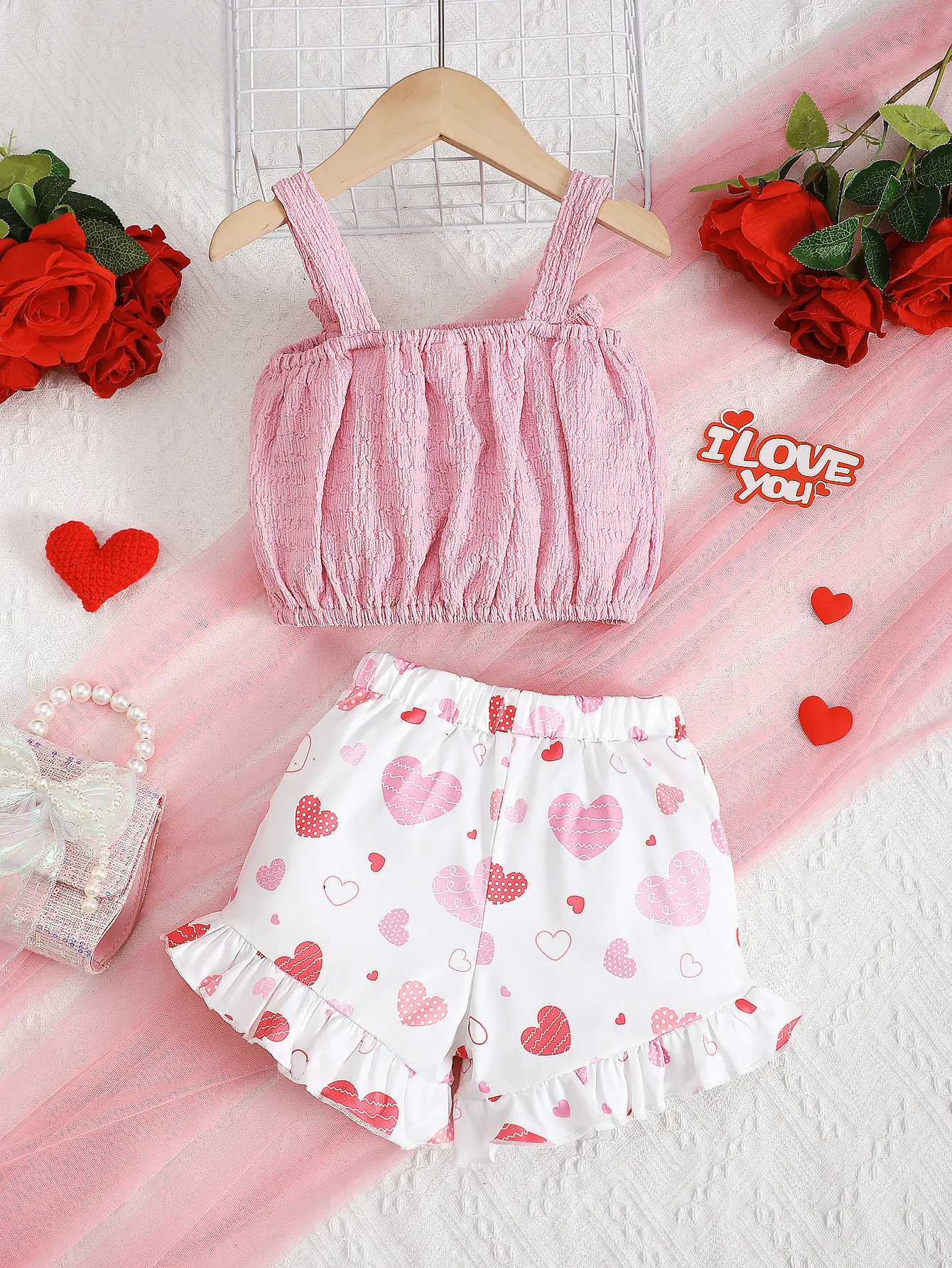 Summer Girls' Set Camisole Bow Top Heart-shaped Printed Shorts Two-piece Set 4-7 Year Girls' Fashion Set Children's clothing