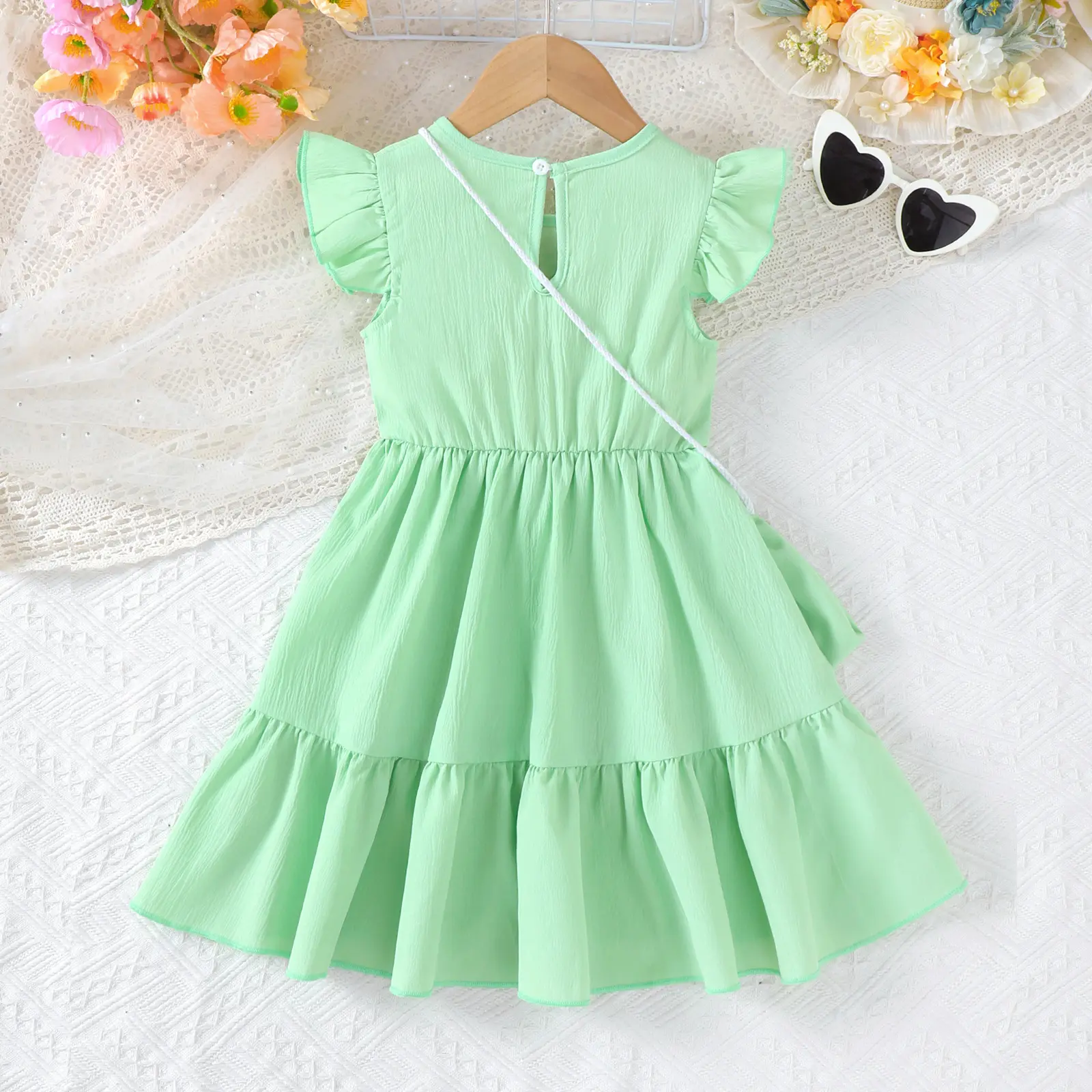 1-6Year old Children Girls' Summer Dress Knitted Small Flower Pleated Skirt Mini bag Two-piece Set Girls' Sweet style Dress