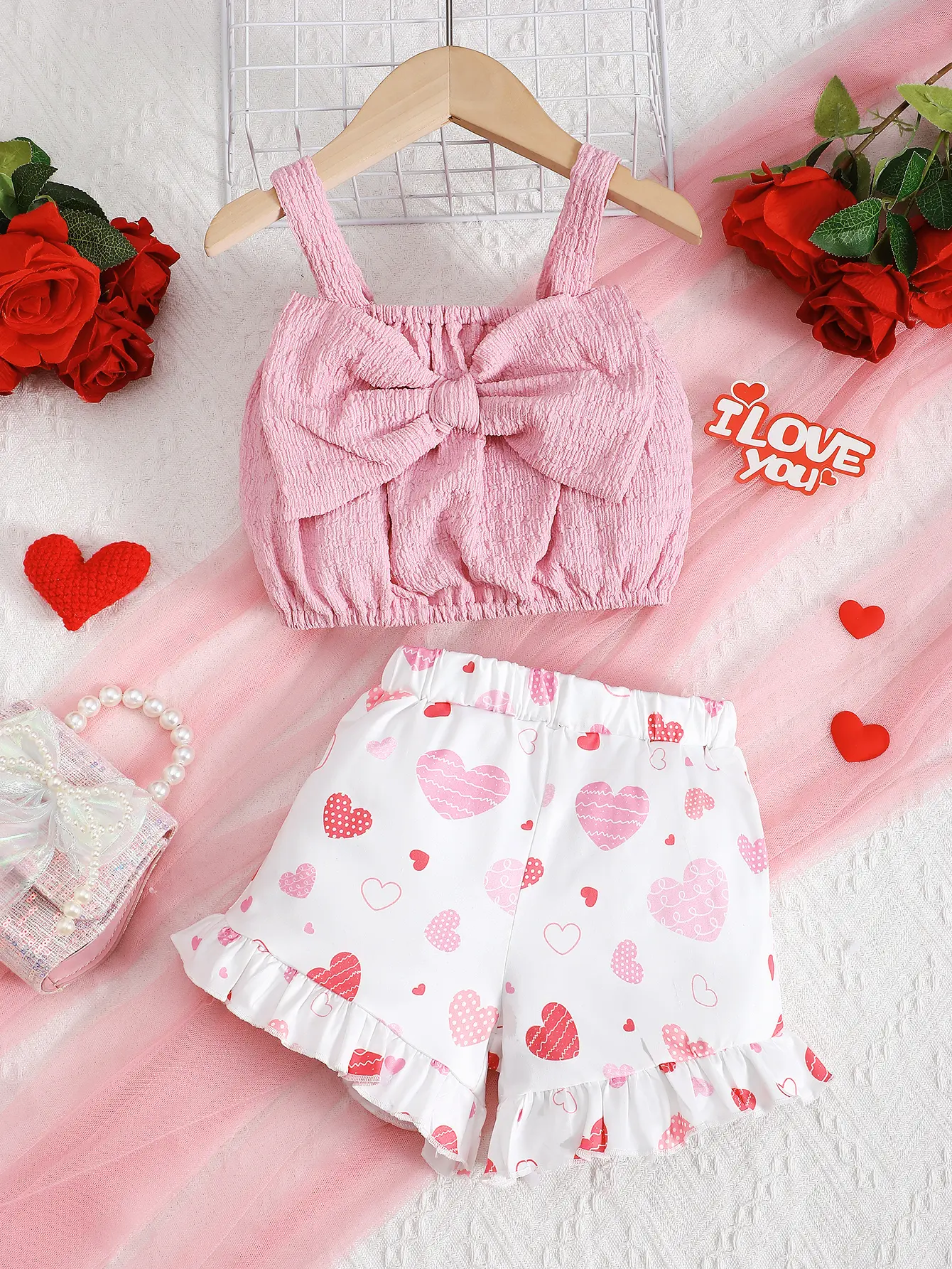 Summer Girls' Set Camisole Bow Top Heart-shaped Printed Shorts Two-piece Set 4-7 Year Girls' Fashion Set Children's clothing