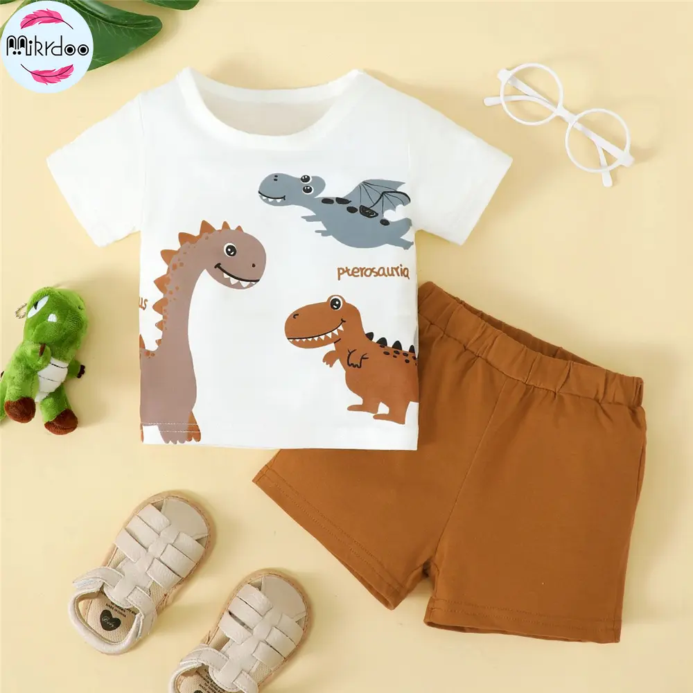 2pcs Toddlers Boy Summer Cartoon Dinosaur Print Short Sleeved+shorts Suitable 0-3 Years Handsome  Boy Casual Set
