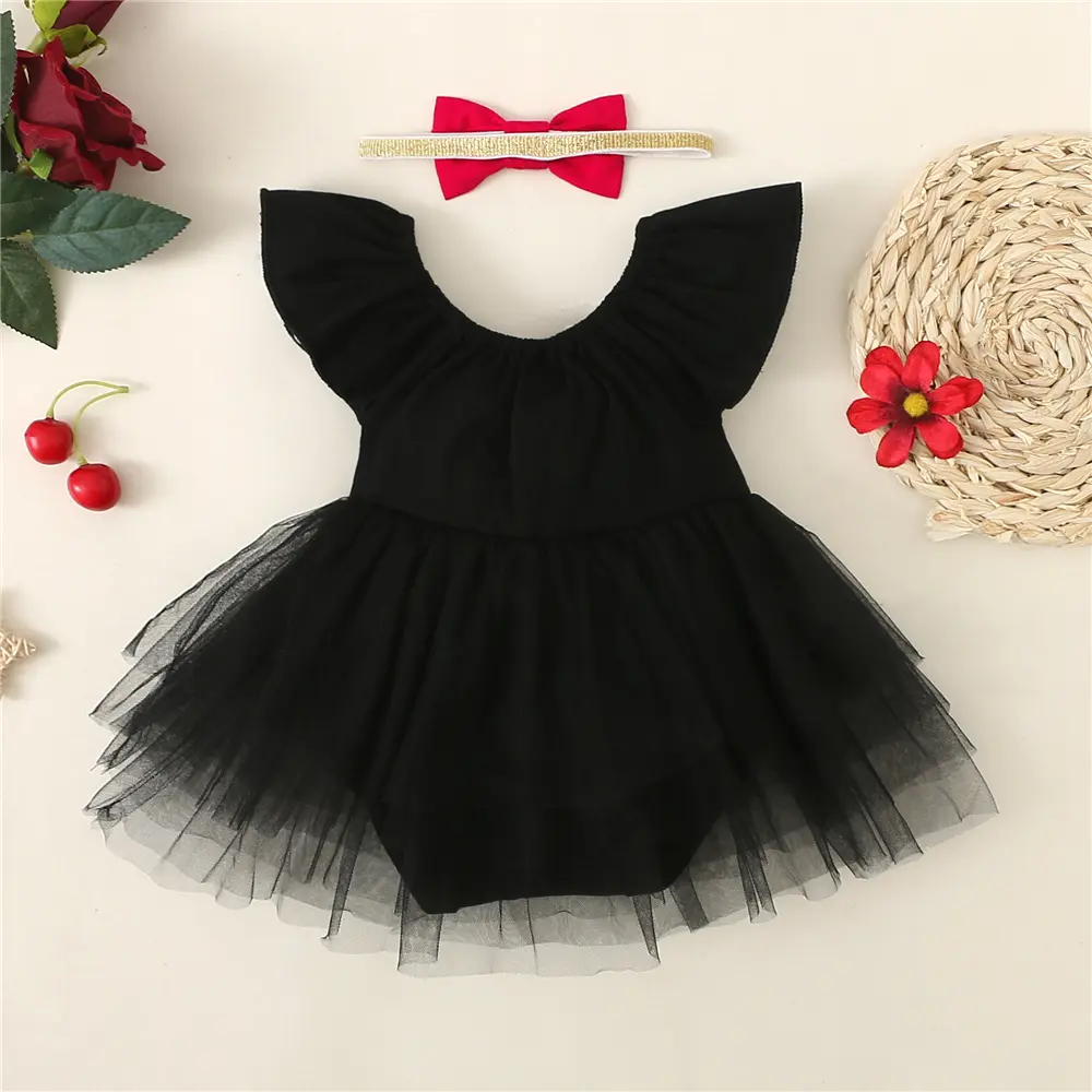 0-18 Months Female Baby Summer Bodysuit Bow and Thin Gauze Fashion Dress+Bow suitable for baby's full Moon shooting Clothing