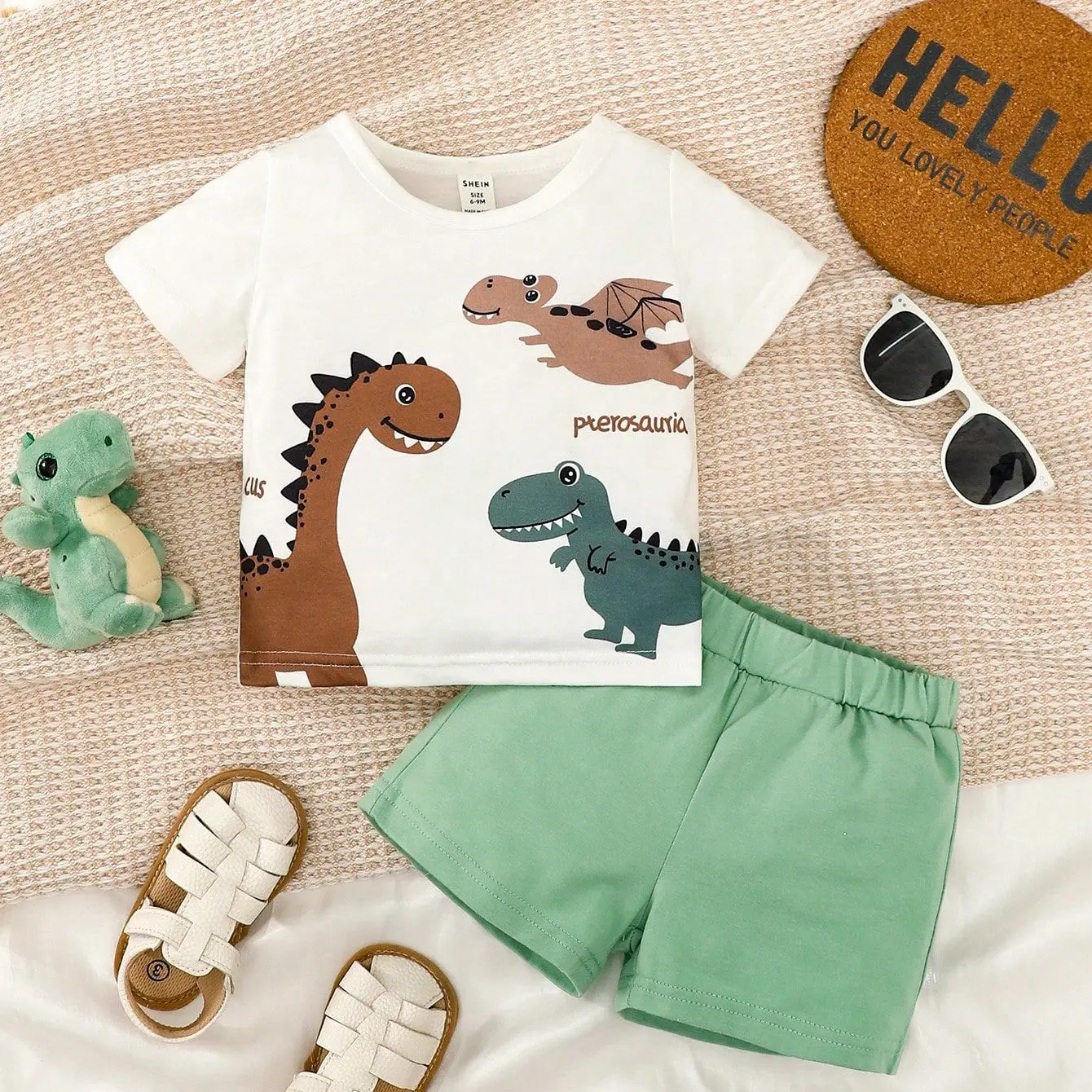 2pcs Toddlers Boy Summer Cartoon Dinosaur Print Short Sleeved+shorts Suitable 0-3 Years Handsome  Boy Casual Set