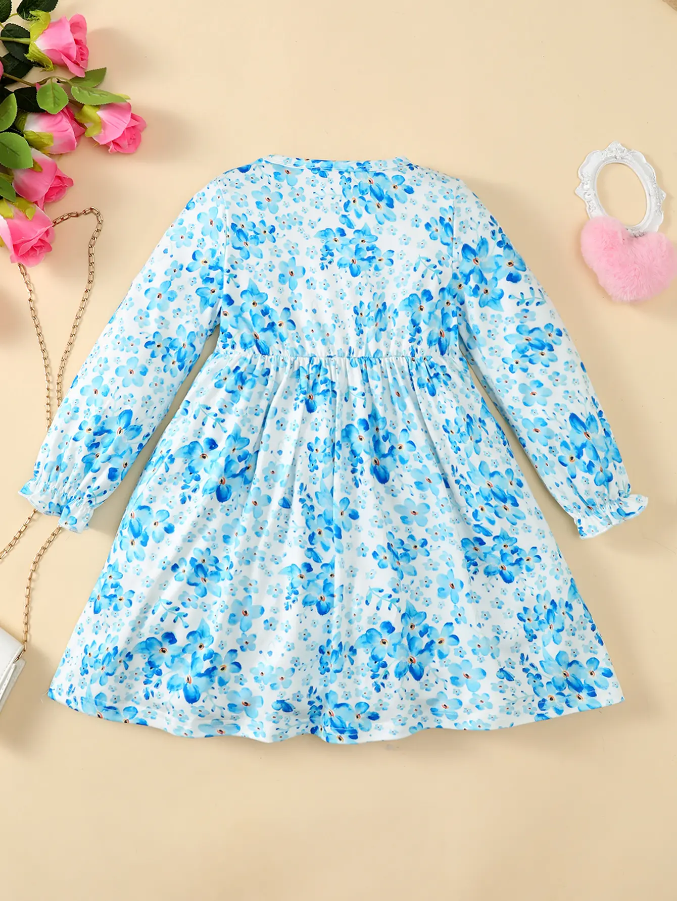 Children Girls' Autumn Dress Blue Tie-dyed Floral Long sleeved Dress Suitable for Daily Casual Clothing of 2-7Year-old Girls