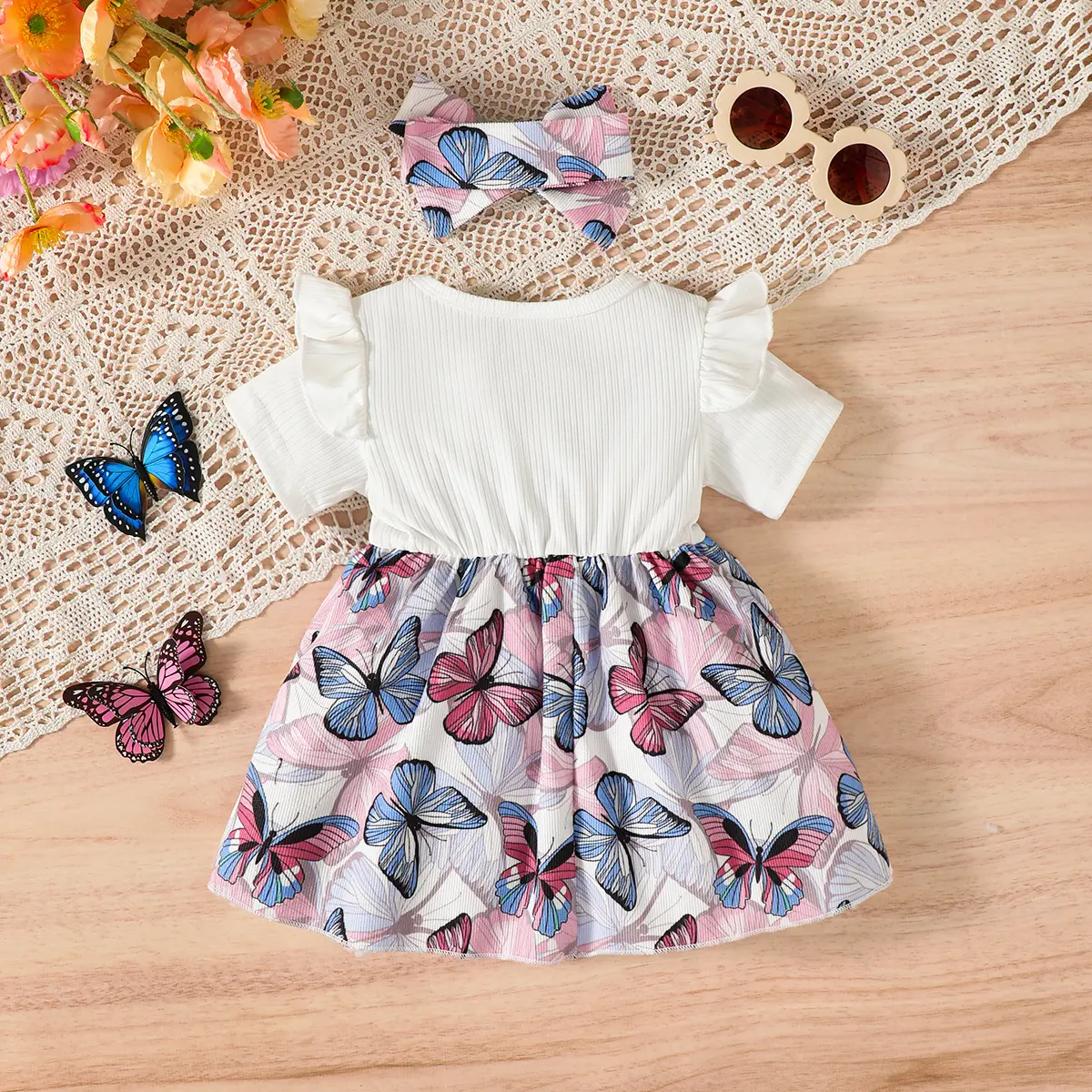 2Pcs Baby Girl Summer Dress Beautiful Butterfly Print Dress+Headband suitable for 0-24 Months old Lively and Cute Little Girls