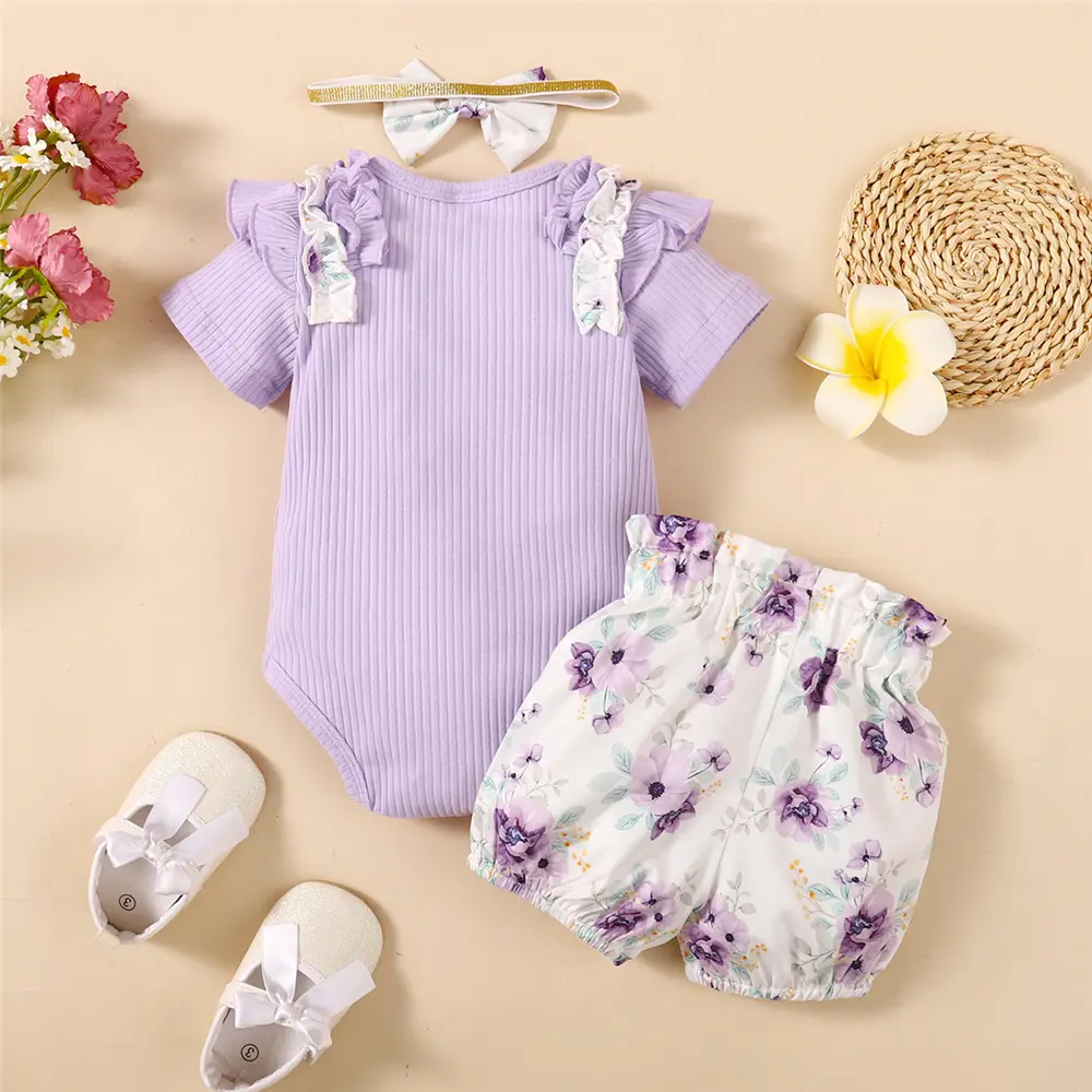 3pcs Baby girl Ruffle edge pit stripe Short sleeved Bodysuit+Elastic Printed Shorts+Bow Headband 0-18 Months Baby Summer Set