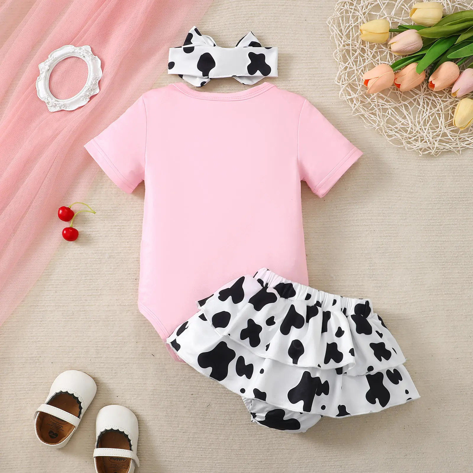 0-18 Months Newborn Baby girl 3Pcs/Set Cartoon Cute Little Cow Short sleeved+Skirt+Headband Set Baby girl Summer clothing