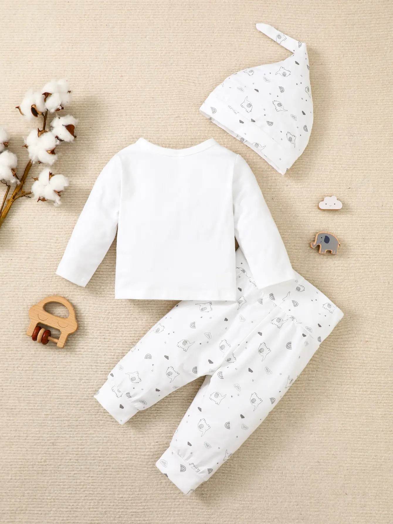 Newborn Baby Set Round Neck Long Sleeved Top+Elephant Print Pants+Hat 3PC Suitable for Autumn Set for Babies Aged 0-9 Months