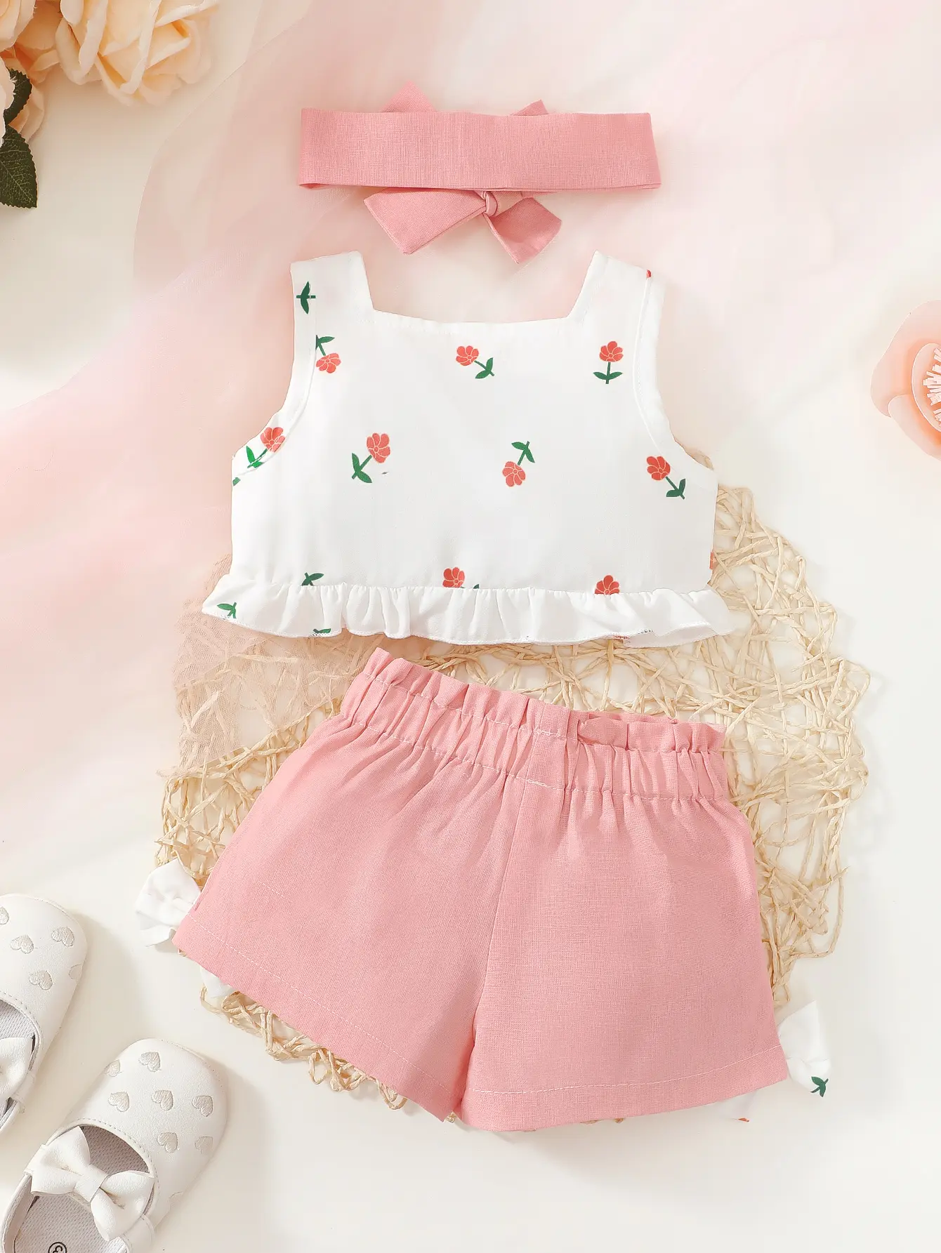 Baby Girl Flower Sleeveless Ruffle Top+Bow Shorts+Headband 3Pcs/Set Suitable for Cute Baby Girls Aged 3-24 Months Summer Set