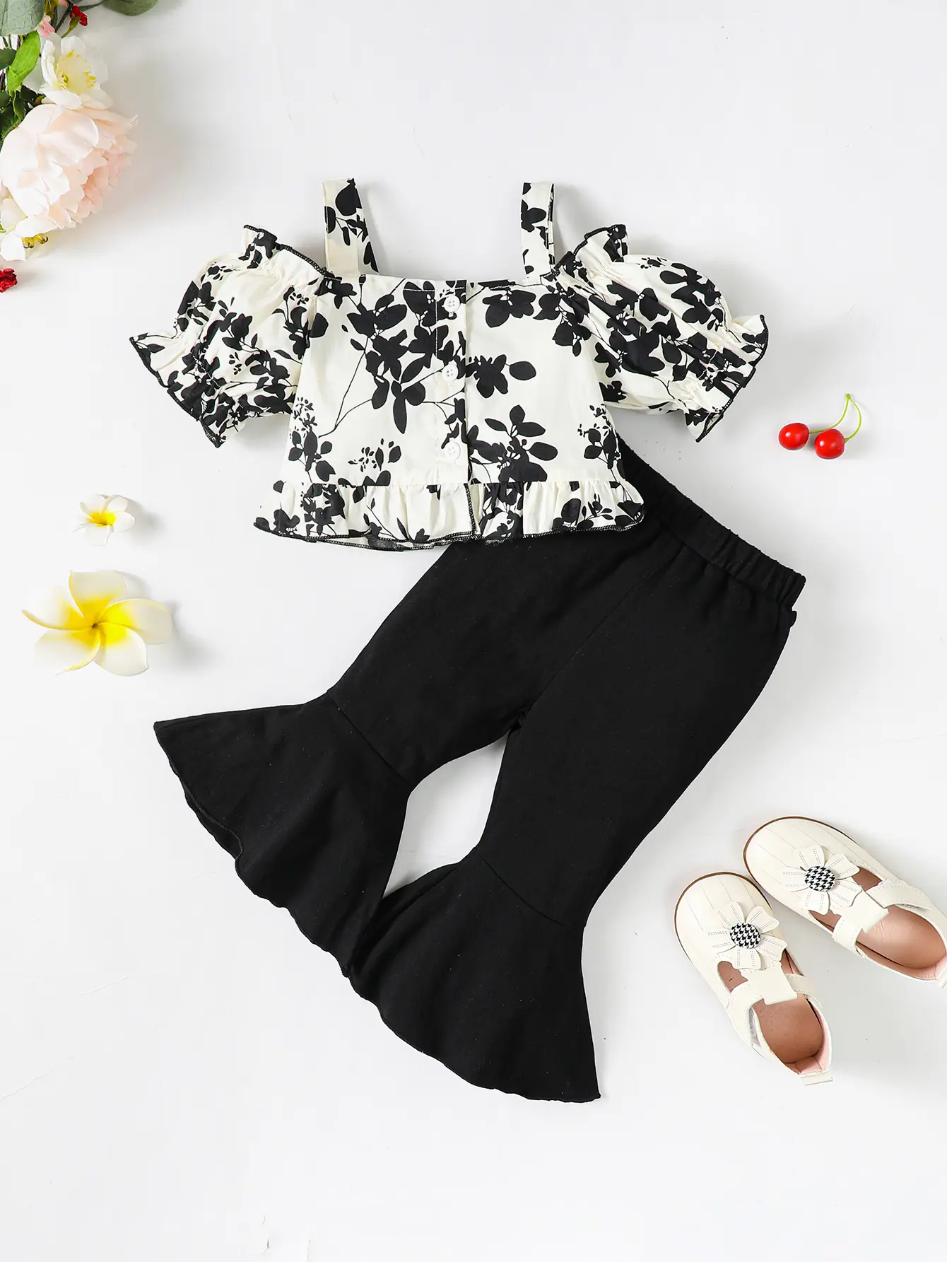 2Pcs Toddler Baby girl Small Floral One Shoulder Top+Black Flared Pants Fashion Set fit 0-3 Years Little Girlsummer Set
