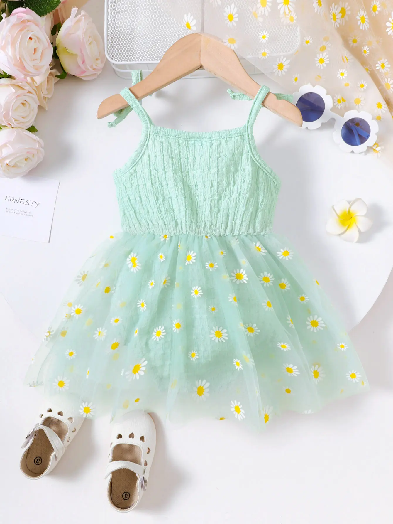 Toddler Children's Lace Up Bow Small Daisy Chiffon Bodysuit Suitable for Cute Baby Girls From 3 to 24 Months Summer Fashion Clot