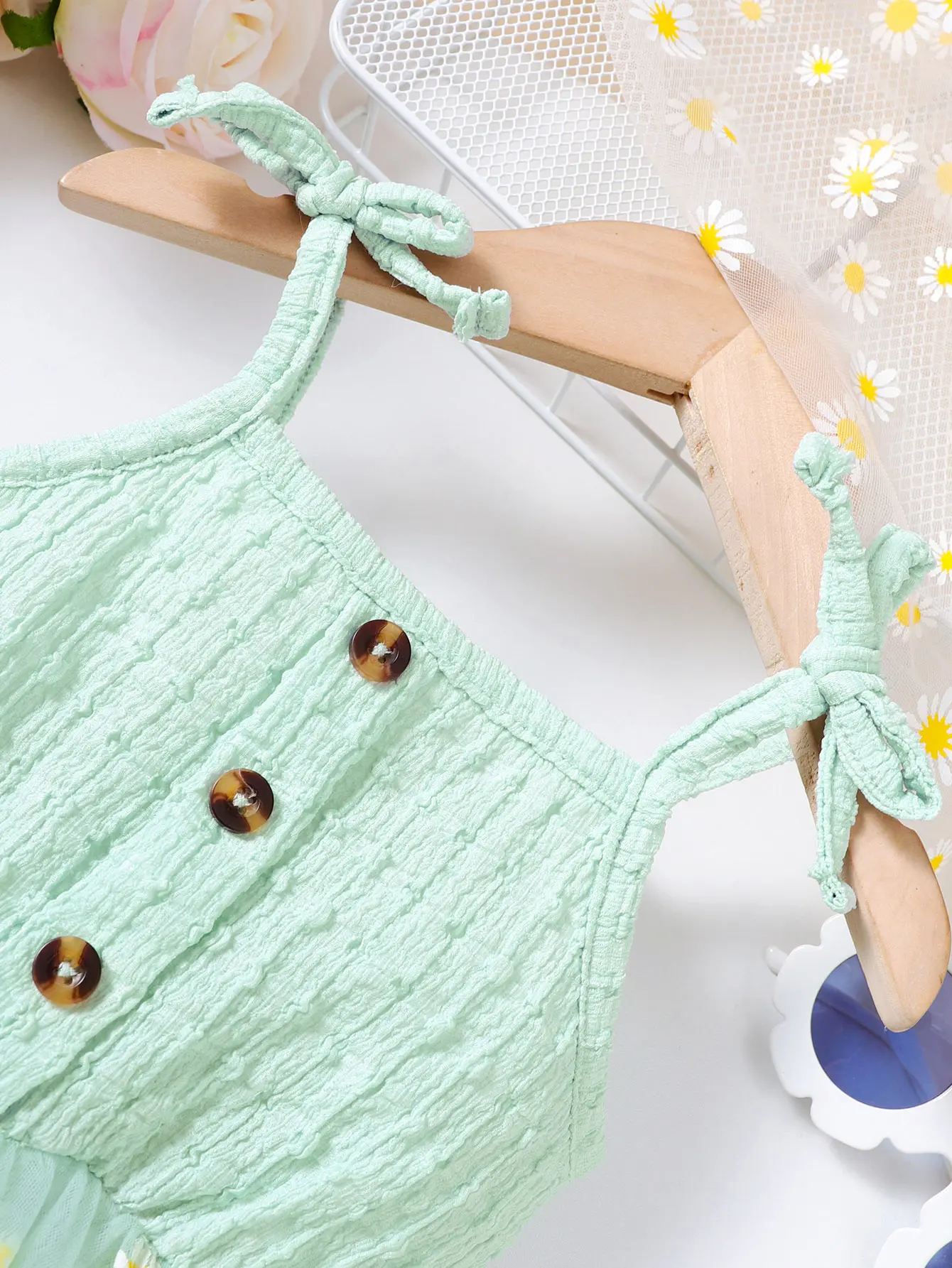 Toddler Children's Lace Up Bow Small Daisy Chiffon Bodysuit Suitable for Cute Baby Girls From 3 to 24 Months Summer Fashion Clot