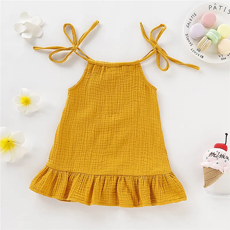 Children's Clothing Girl Solid Color Tie up Bow Dress, Suitable for 1-5 Year Old Girls Going out for Summer Fashion Dress