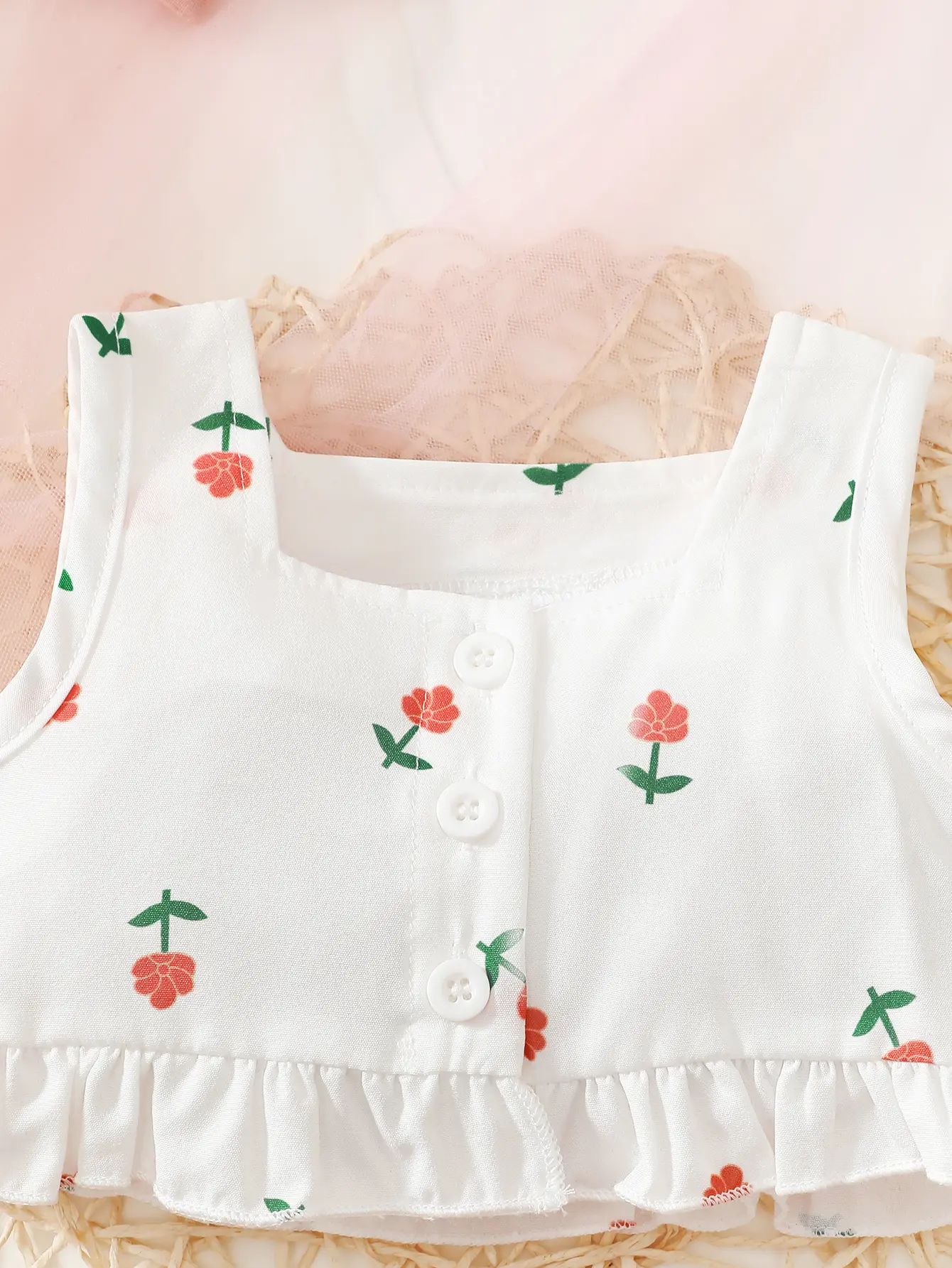 Baby Girl Flower Sleeveless Ruffle Top+Bow Shorts+Headband 3Pcs/Set Suitable for Cute Baby Girls Aged 3-24 Months Summer Set