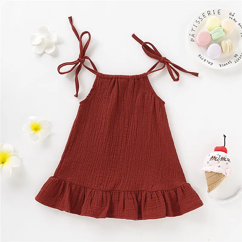 Children's Clothing Girl Solid Color Tie up Bow Dress, Suitable for 1-5 Year Old Girls Going out for Summer Fashion Dress
