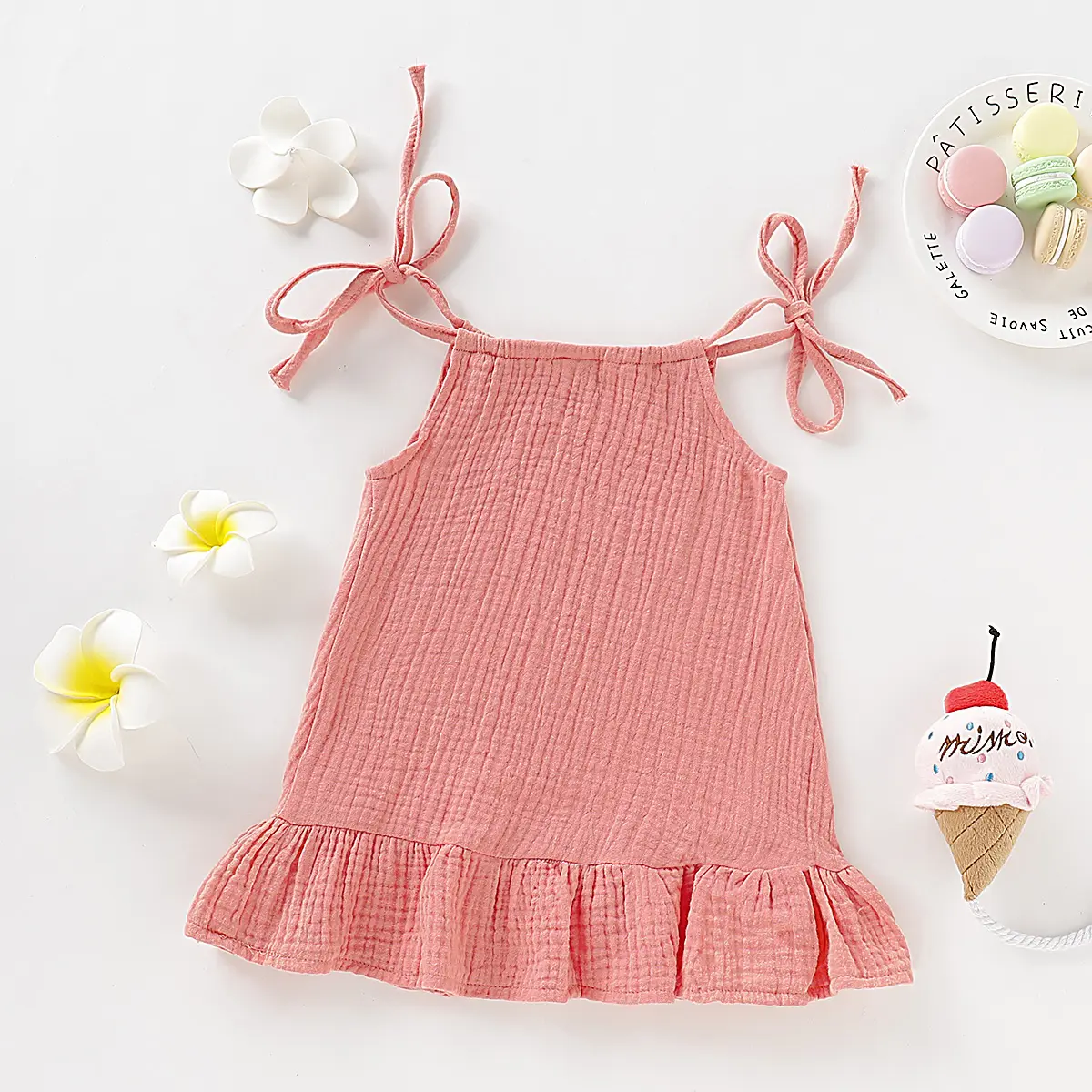 Children's Clothing Girl Solid Color Tie up Bow Dress, Suitable for 1-5 Year Old Girls Going out for Summer Fashion Dress