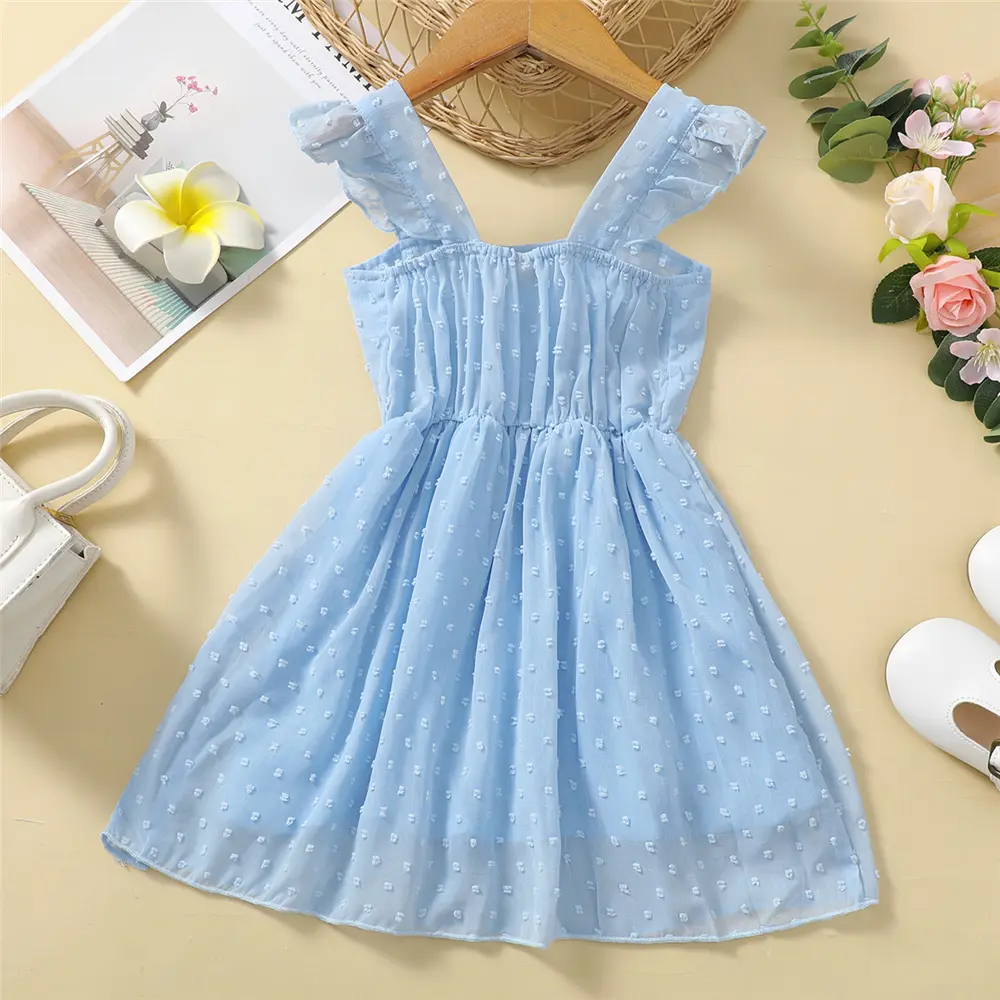 1-6 Year Children's Girls Summer Suspender Dress Blue Bow Chiffon Ruffle Fashionable Dress Girls Seaside Vacation Party Dress