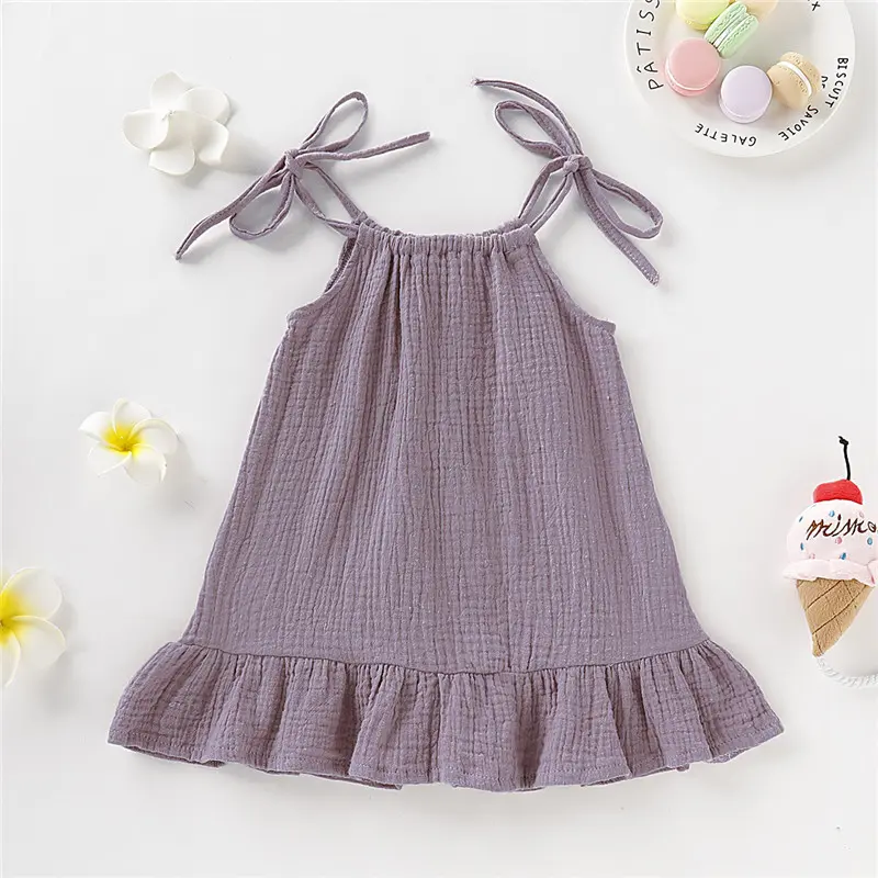 Children's Clothing Girl Solid Color Tie up Bow Dress, Suitable for 1-5 Year Old Girls Going out for Summer Fashion Dress