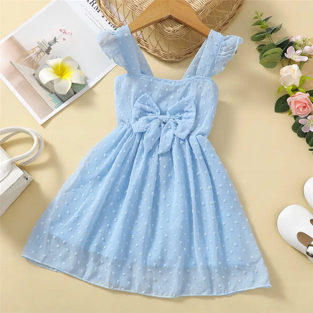 1-6 Year Children's Girls Summer Suspender Dress Blue Bow Chiffon Ruffle Fashionable Dress Girls Seaside Vacation Party Dress