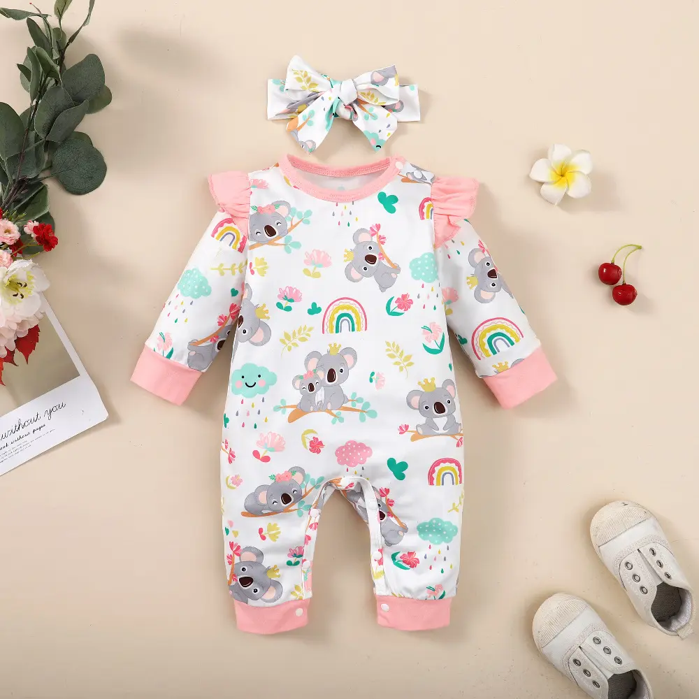 Newborn Baby Girl Bodysuit Cute Little koala Bodysuit+Headband2pcs fit 1-12Months Lnfant Baby Spring and Autumn Crawler Suit
