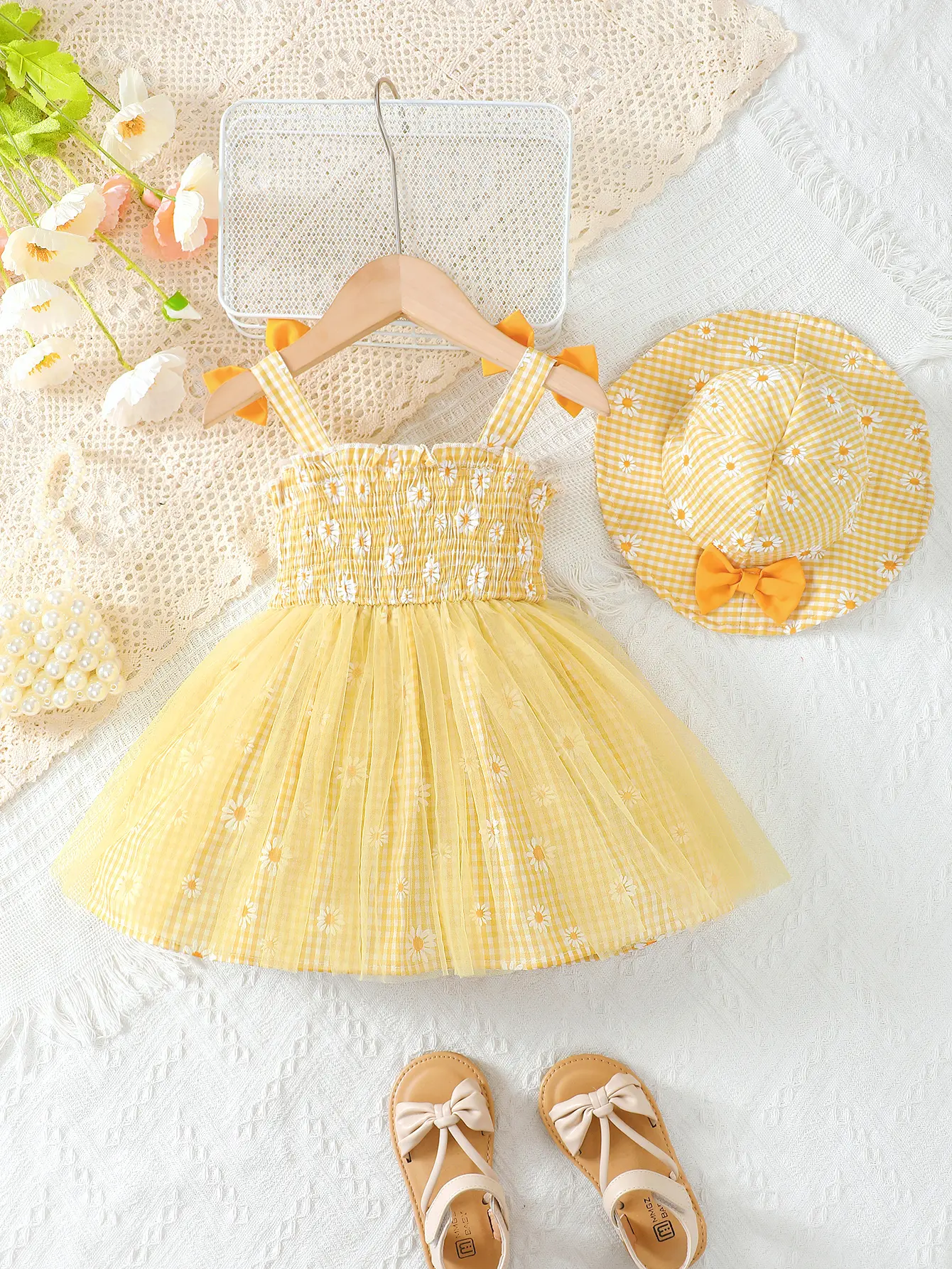 Baby girl Summer Dress Daisy Plaid Chiffon Sweet style Dress+Hat 2Pcs  for Cute Baby Girls aged 0-3 Years Vacation Casual Dress
