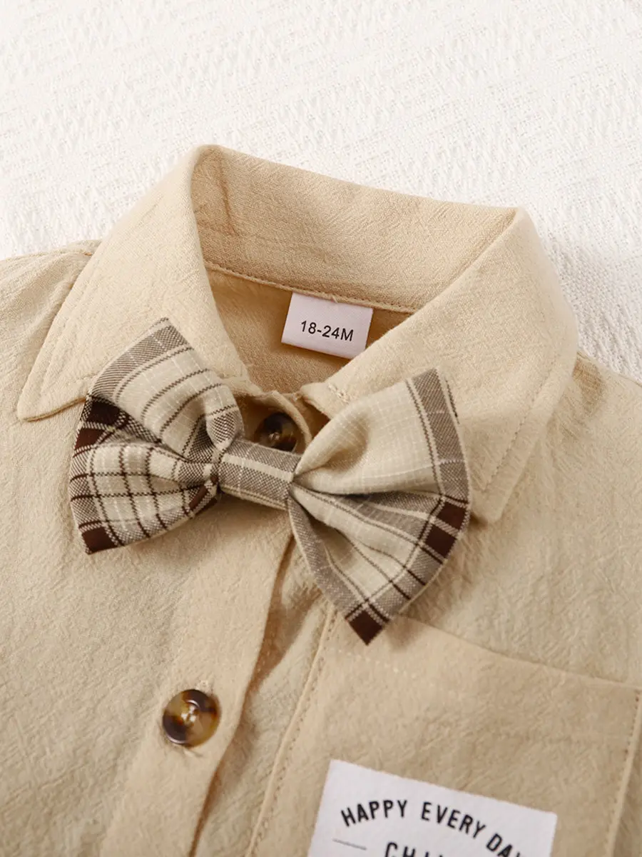 2PCS Children Boy Clothes Set Short Sleeved Solid Color Shirt with Bow Tie+Shorts Fashion Gentleman Outfit for Kid Boy 1-6 Years