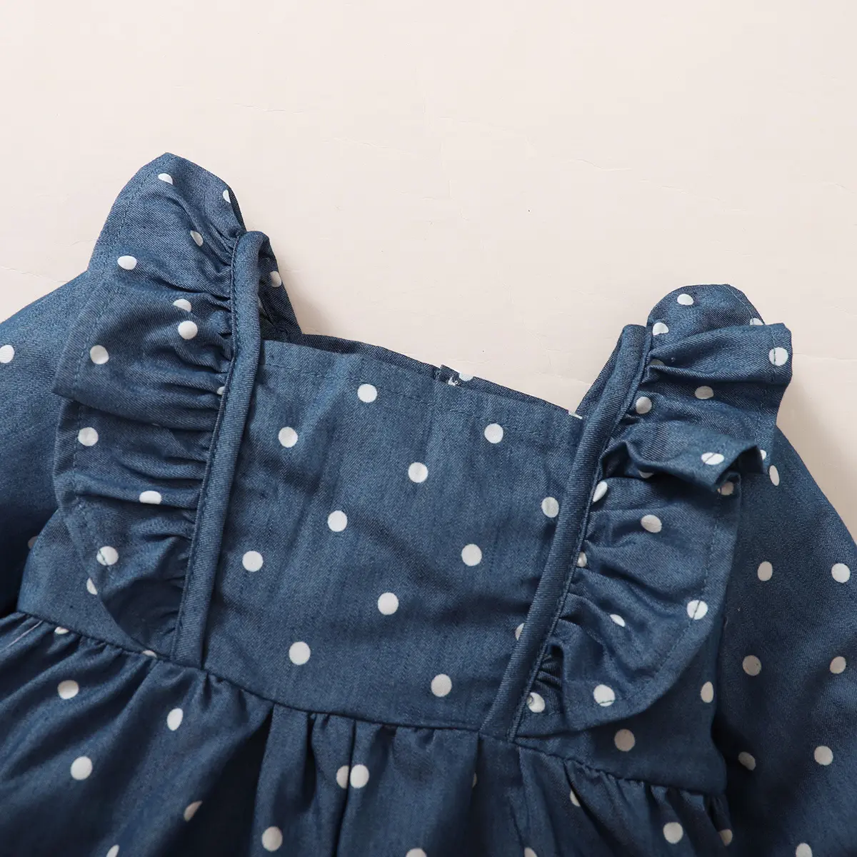 Baby girl Long sleeved Dress Blue Ruffled Edges Polka Dots Fashionable Casual Dress Suitable for Toddler Baby Girl 0-24 Months