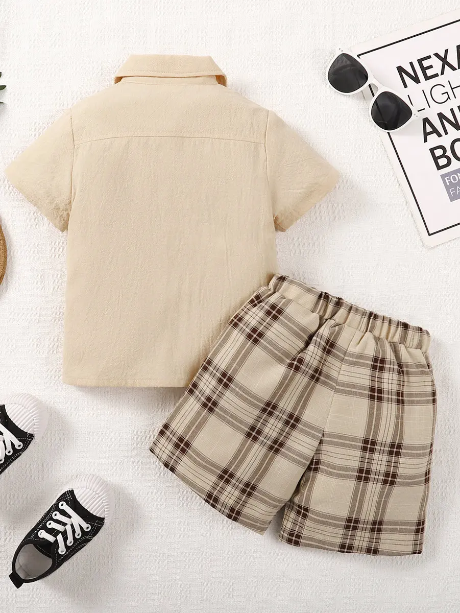 2PCS Children Boy Clothes Set Short Sleeved Solid Color Shirt with Bow Tie+Shorts Fashion Gentleman Outfit for Kid Boy 1-6 Years
