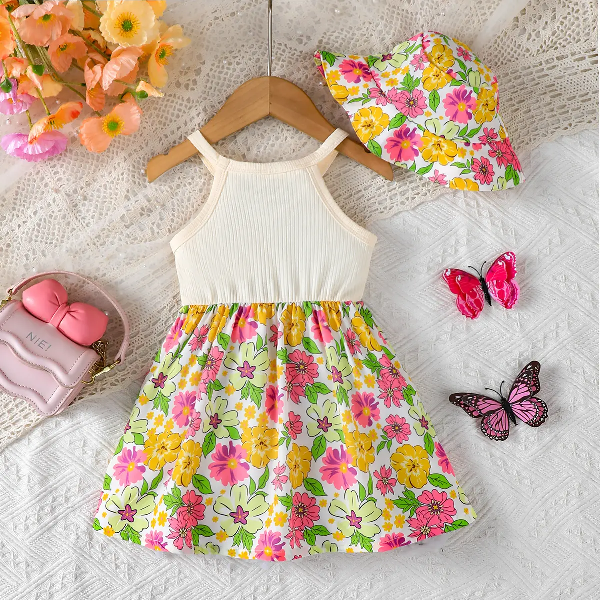 Baby girl Dress Bow Small Floral Sleeveless Dress+Hat 2-piece Set for 0-3 Years old Cute Baby Girl Summer Casual Dress