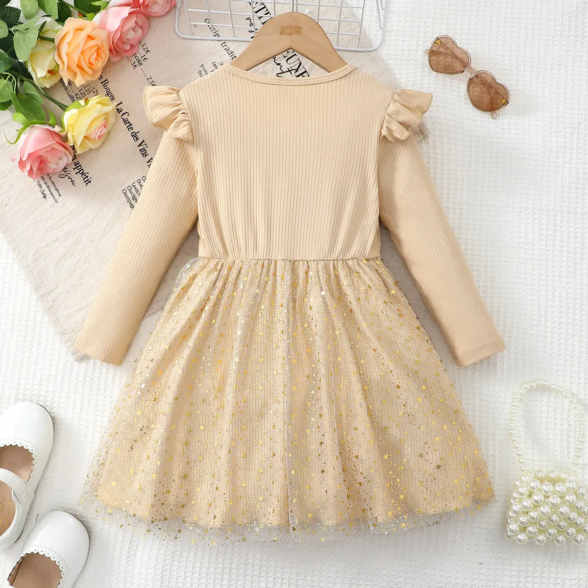 Girl Elegant  Temperament Dress Solid Color Star Chiffon Fashiona Dress for 1-6 Year old Girls  Spring  Autumn Party Dress