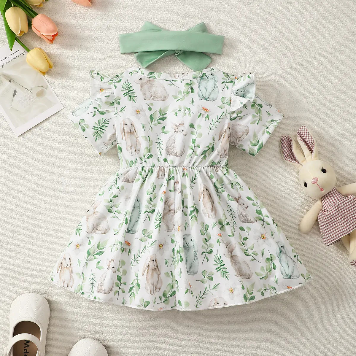 0-2 Year Cute Baby Girl Dress Bunny Plant Print Bow Short sleeved Dress Toddler Baby girl Summer Dress