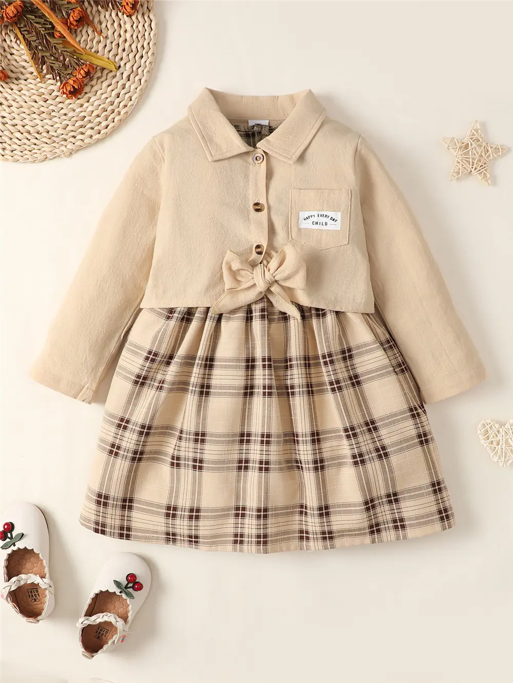 1-6Years Kids Baby Girl Clothes Set Long Sleeve Shirt Top+Plaid Sleeveless Dress Spring&Autumn Lovely Daily Party 2PCS Outfit