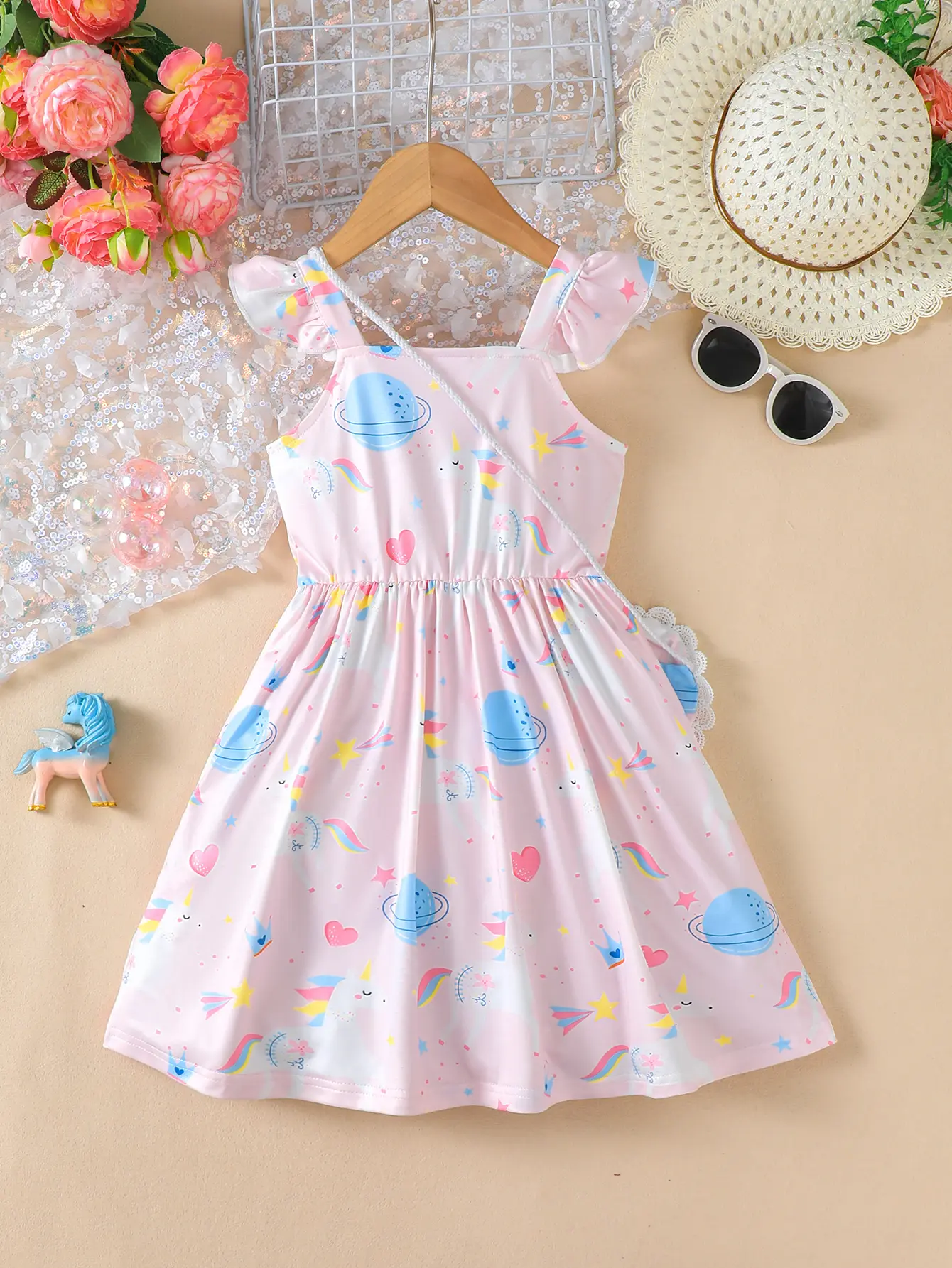 4-7 Year old Girls' Summer Camisole Dress with Pink Unicorn Print Fashion dress+love Bag 2Pcs Little girl Dress