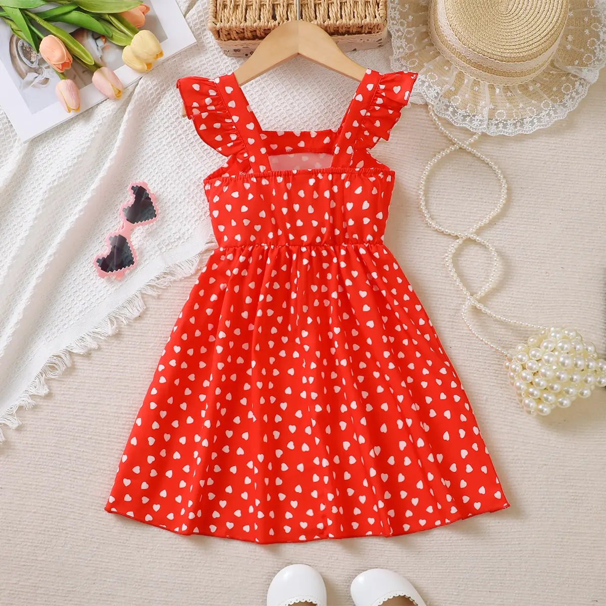 4-7 Year old Girls dress with Ruffled Heart Print and Red suspender dress, Summer Beach Dress sea connection for little girls