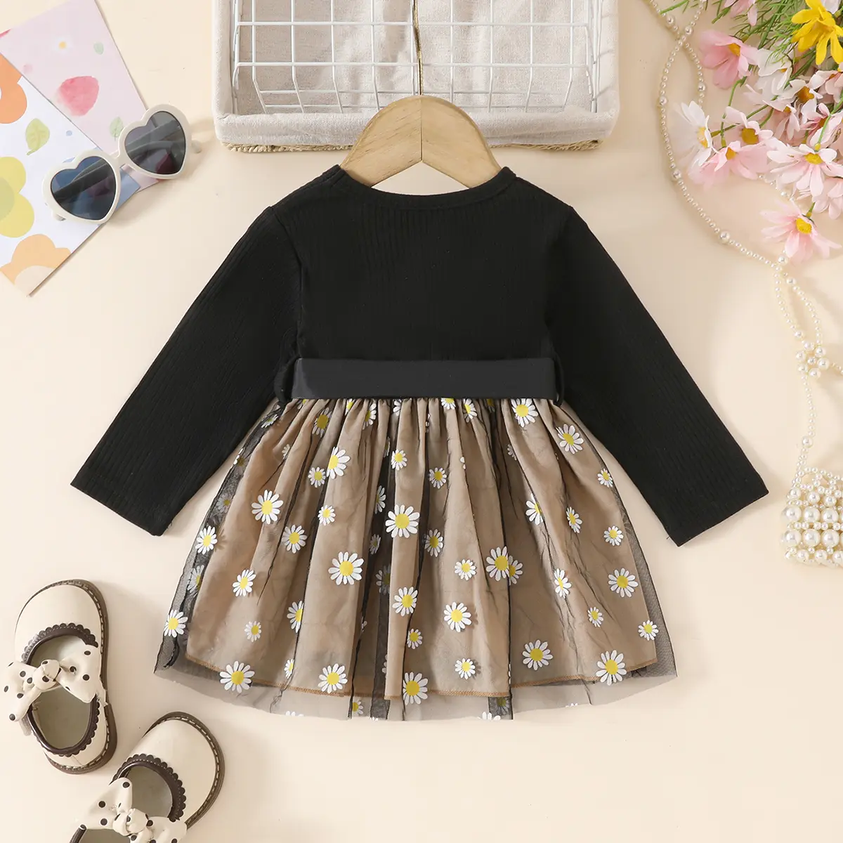 0-18 Month old Baby girl Spring and Autumn Dress Round Neck Daisy Chiffon Long sleeved Dress suitable for Toddlers Casual Dress