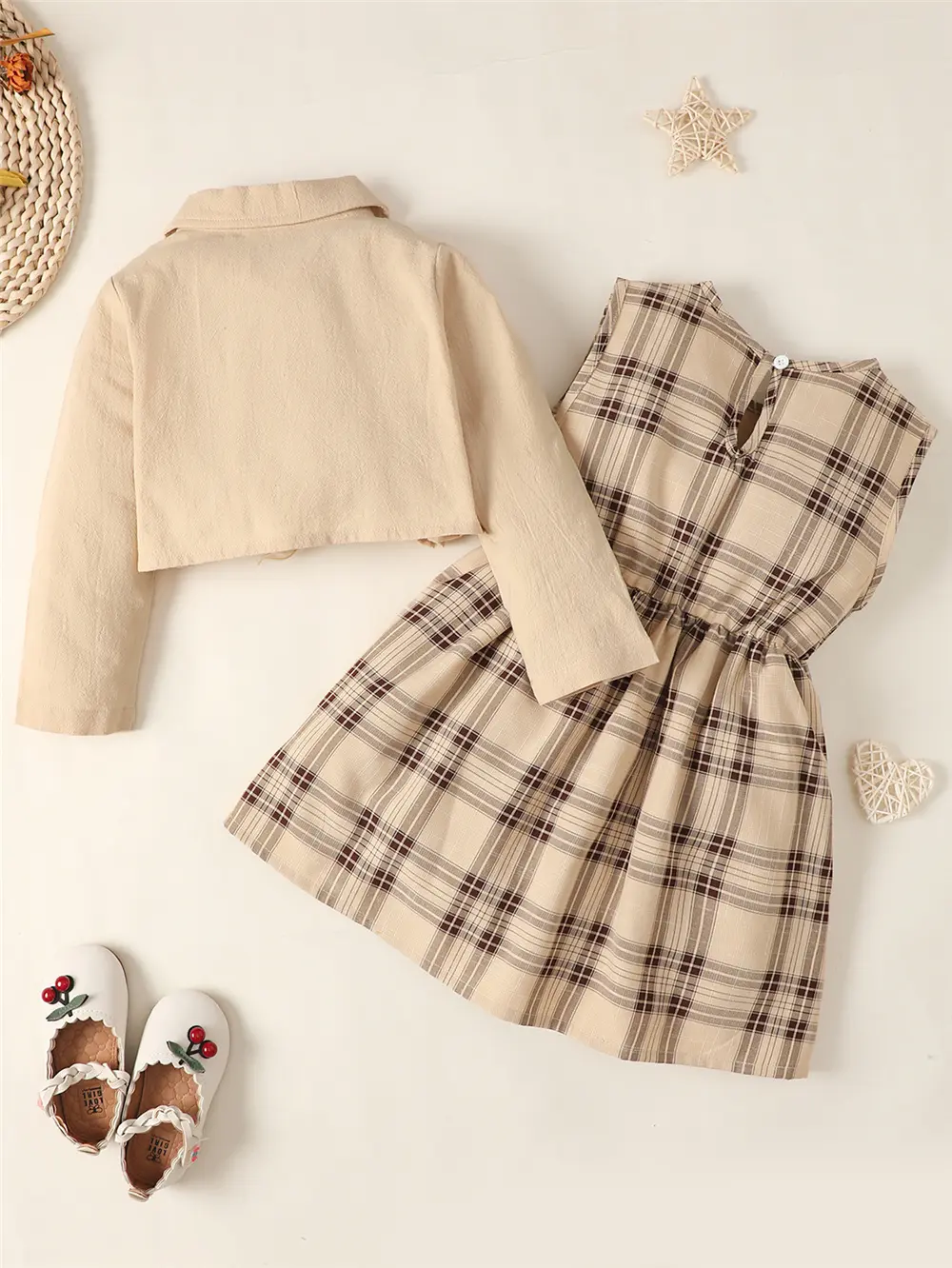 1-6Years Kids Baby Girl Clothes Set Long Sleeve Shirt Top+Plaid Sleeveless Dress Spring&Autumn Lovely Daily Party 2PCS Outfit