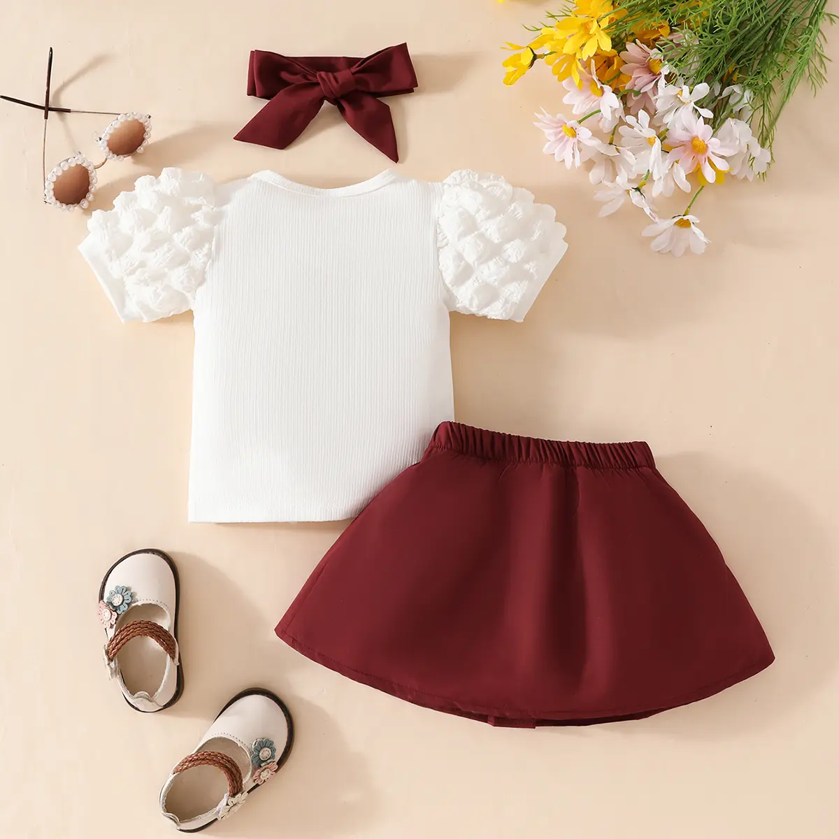 Summer Baby girl Set with Bubble Sleeves White Top, Bow Tie Skirt, Fashionable Set suitable for Female Babies aged 0-24 Months