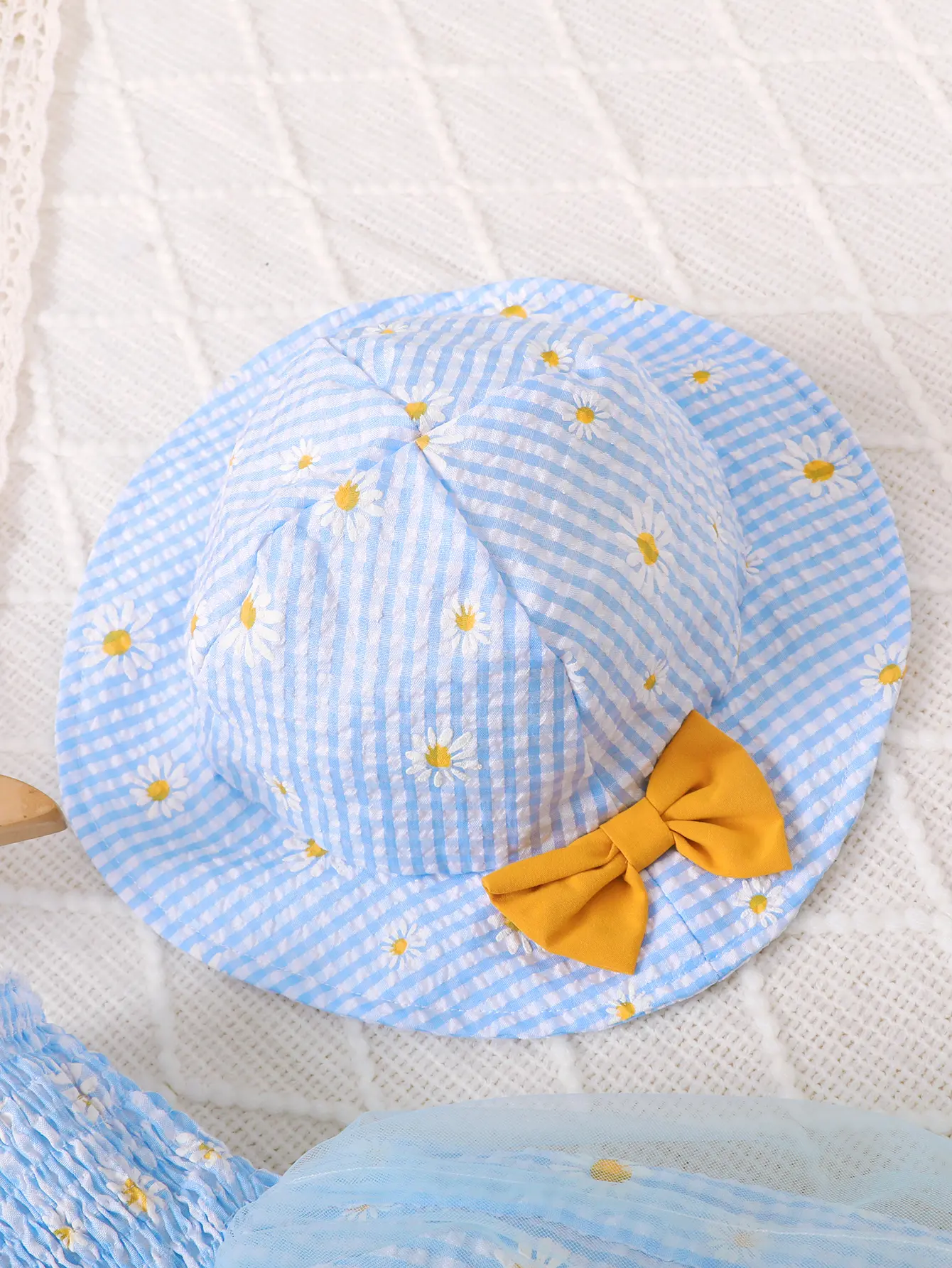 2Pcs Cute Baby Girl Summer Dress Blue Checkered Beautiful Printed Dress Hat Set for Fashion Dress for 0-3 Year small Girls