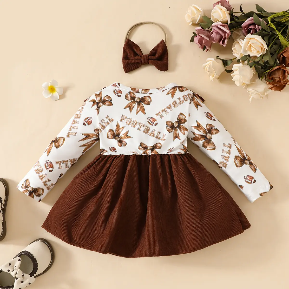 0-18 Months Baby girl Dress Ruffled Bow Corduroy Long sleeved Dress+Headband 2Pcs/Set Baby Girl Spring and Autumn Dress