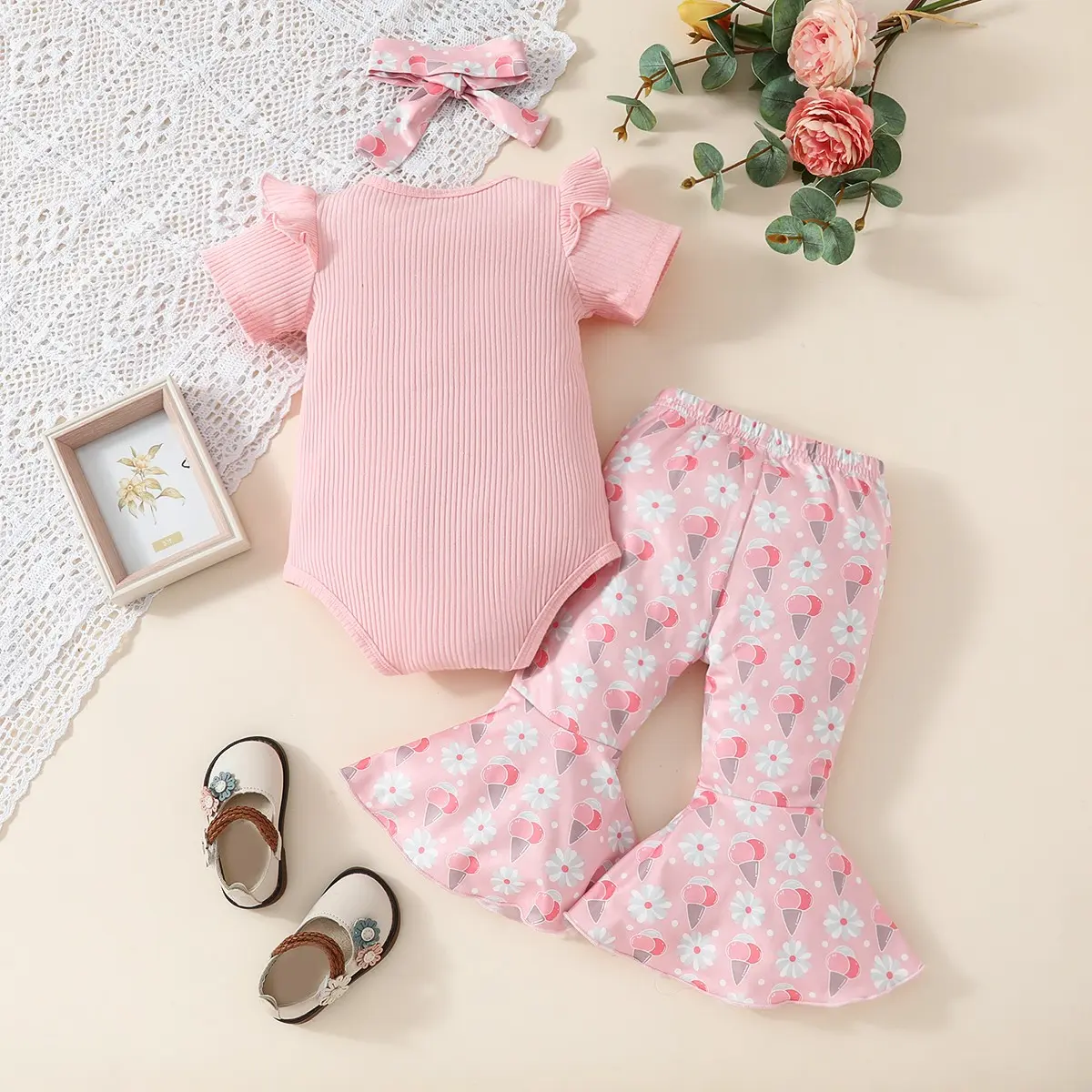 Summer Baby girl Set Pink letter Printed Top+ Ice cream Printed Flared Pants+Headbands, suitable for Babies aged 0-18 Months