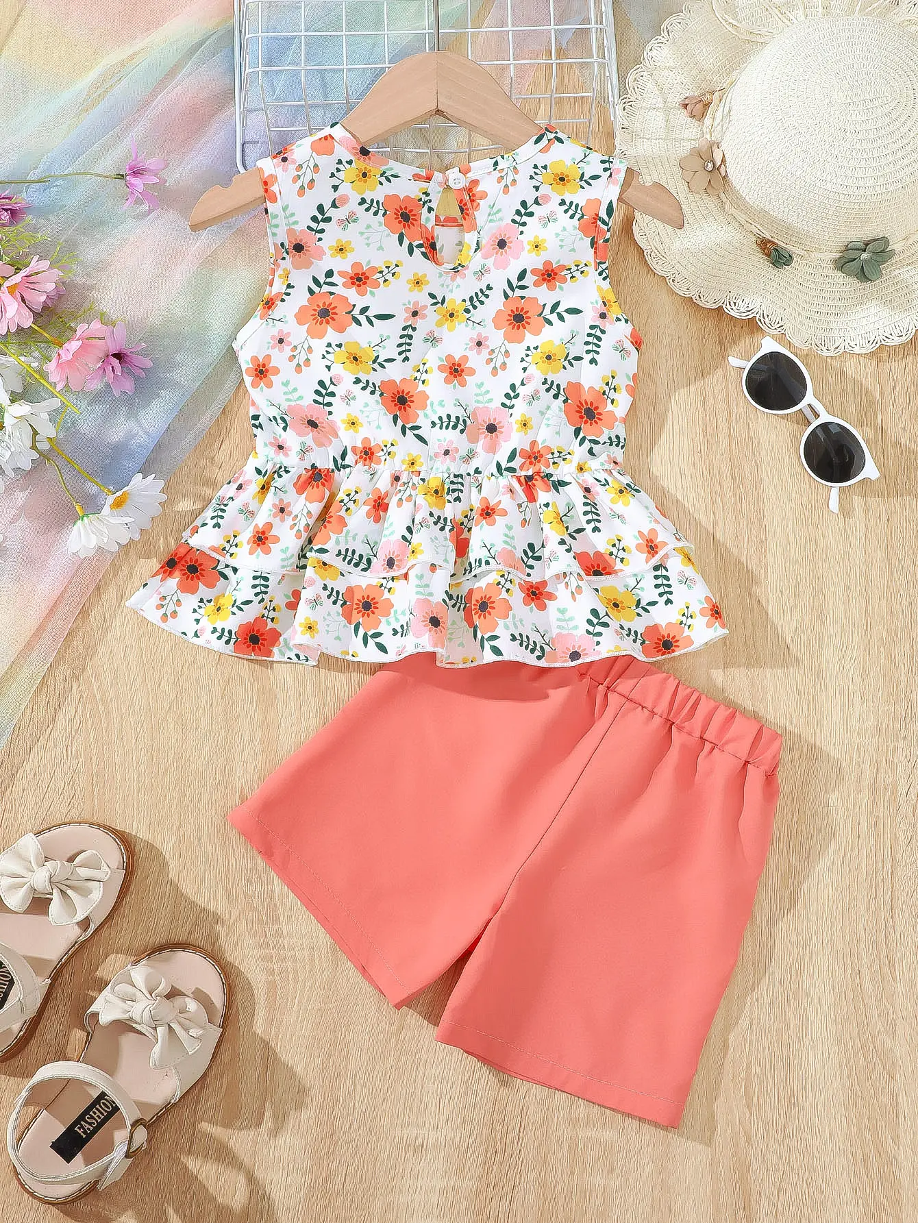 Children's clothing Girls' Summer Set Round Neck Small Floral Bow Sleeveless Top+Shorts 2Pcs/Set 4-7 Year Old Girls' Fashion Set