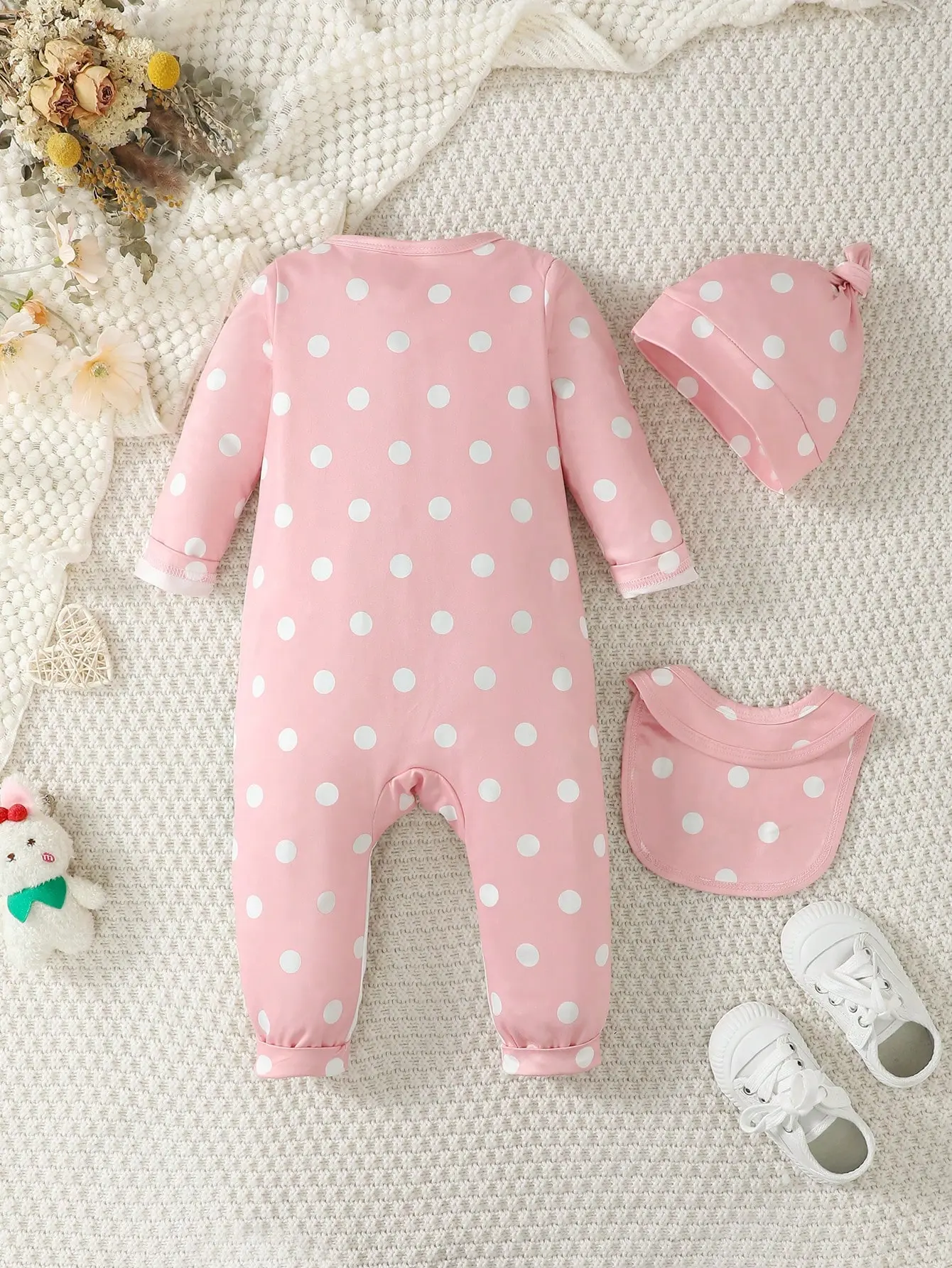 New baby Girl Long sleeved Bodysuit Cute Little Cow Circular dots Jumpsuit+Hat+Drool towel 3pc/set 0-18Months Baby Crawling suit