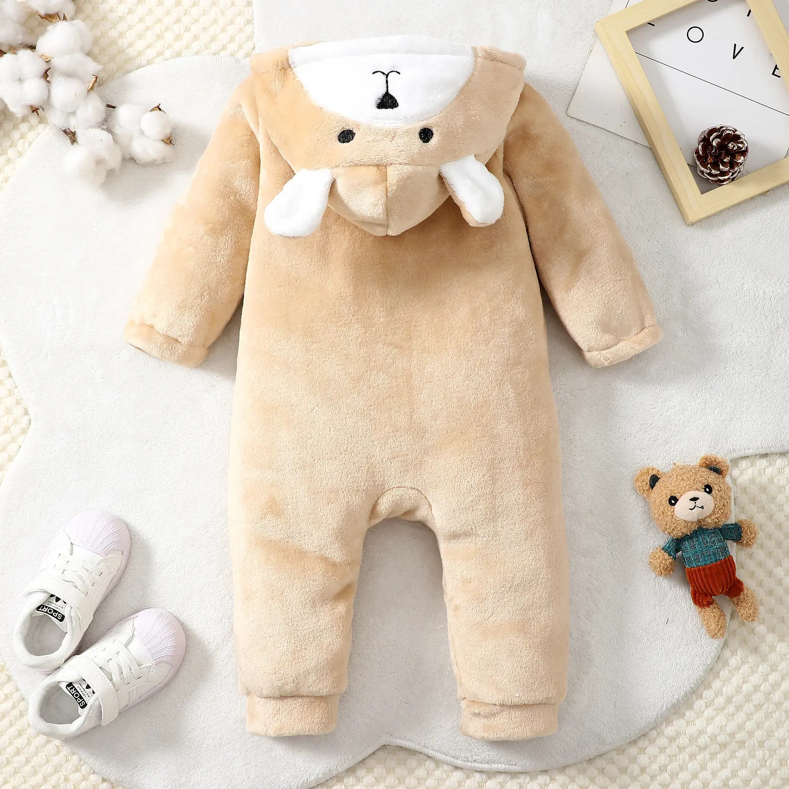 Newborn Baby boy Plush Hooded Cute Little Bear Zipper Long sleeves Bodysuit Suitable for 0-18 Months Baby Winter Crawling Suit