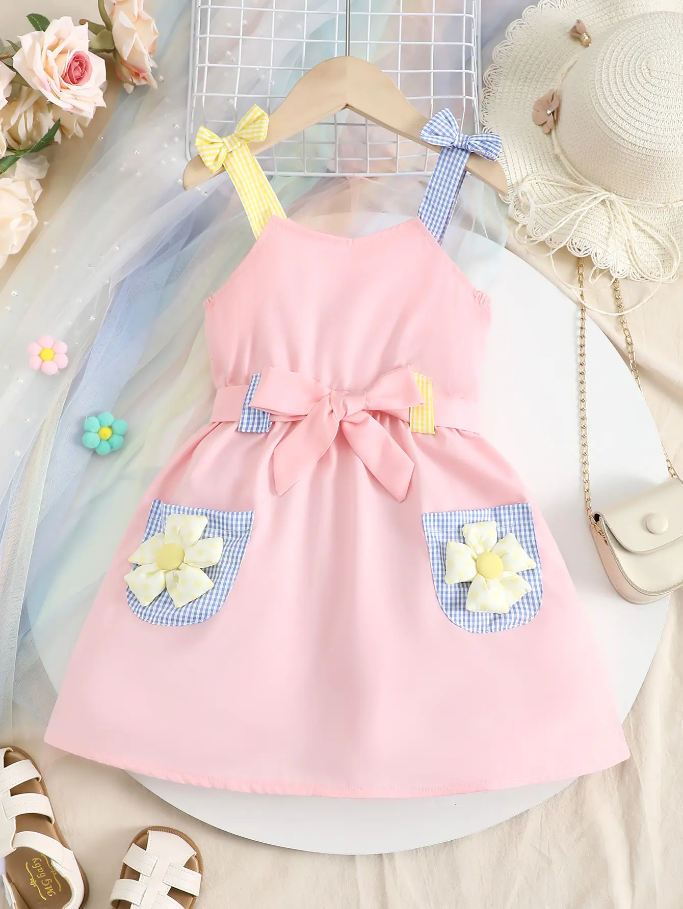 4-7 Year old Cute Girls  Dress Suspender Decal Small Pocket Fashion Dress Children Girls  Summer Casual Dress