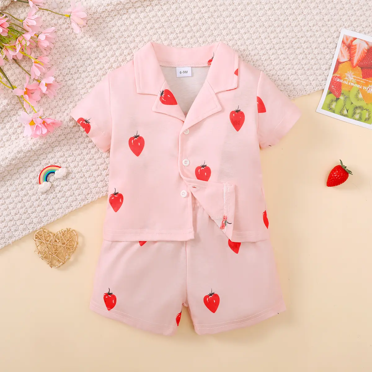 Children's Girls' Cartoon Pajamas Teddy Bear Strawberry print Short sleeved+Shorts 2Pcs/Set 0-3 Years old Cute Baby Girl Pajamas
