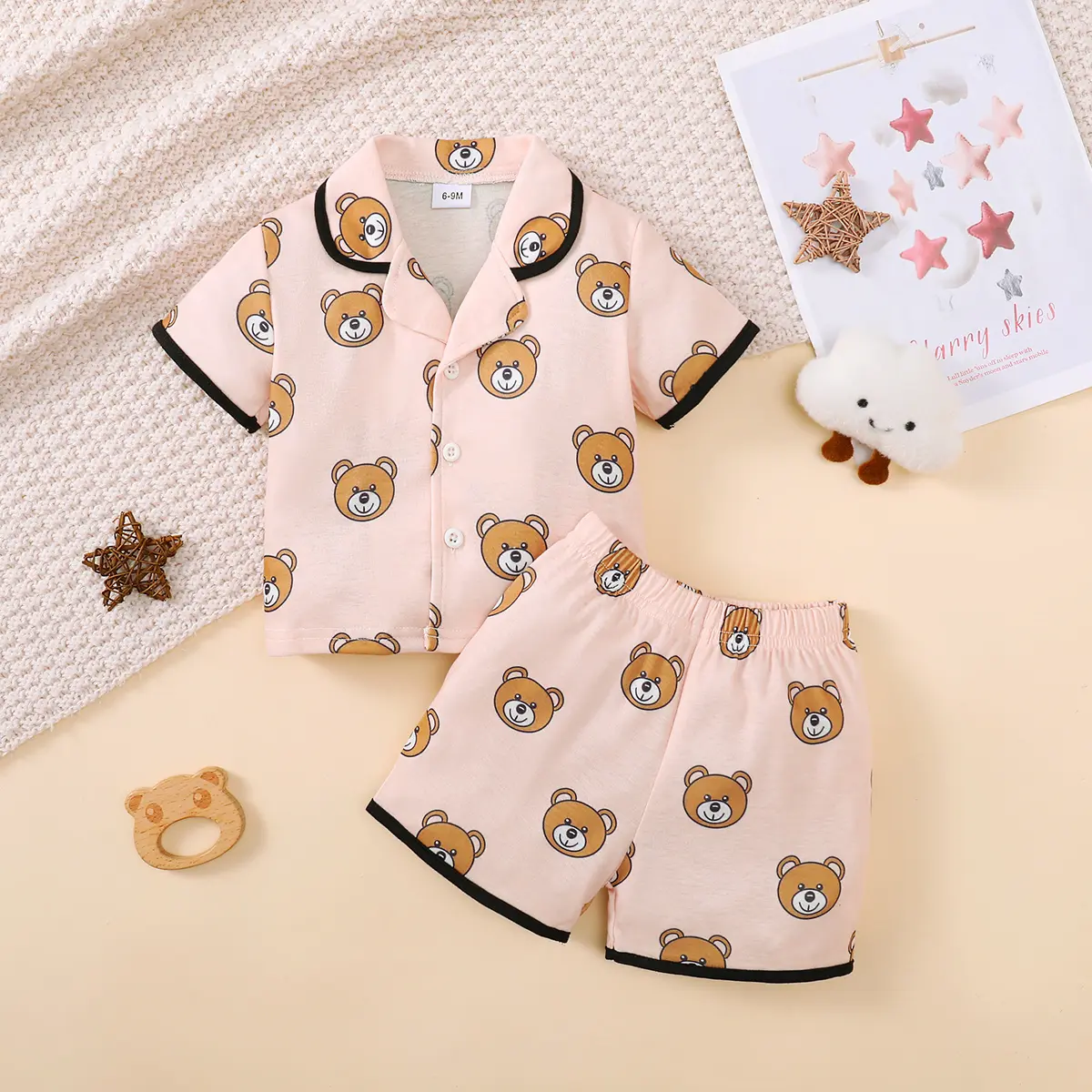 Children's Girls' Cartoon Pajamas Teddy Bear Strawberry print Short sleeved+Shorts 2Pcs/Set 0-3 Years old Cute Baby Girl Pajamas