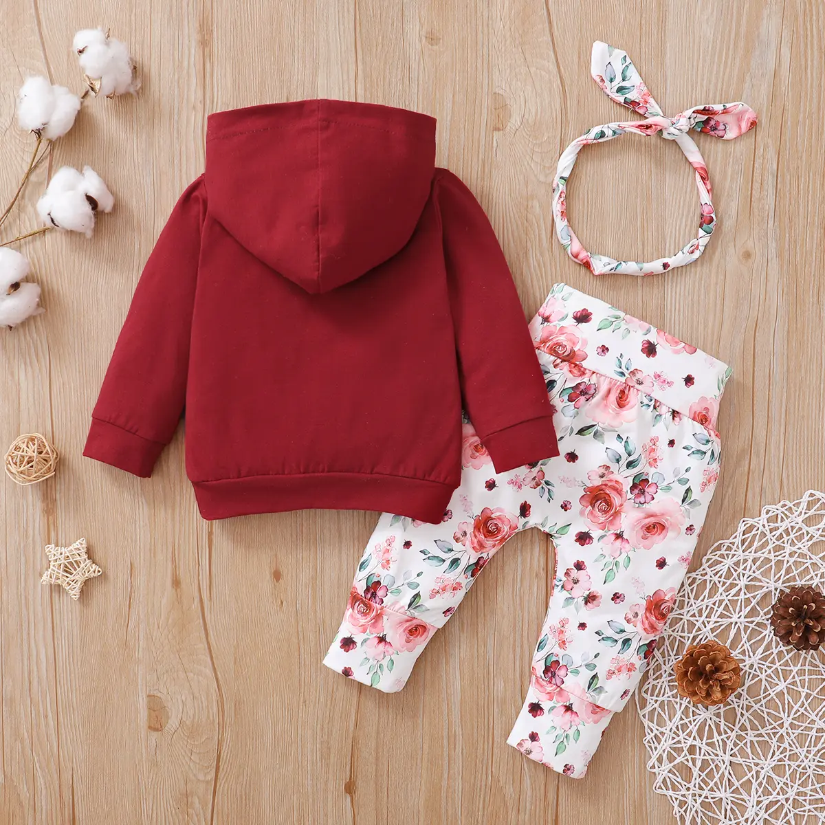 2PC Female baby Hooded Flower Long Sleeved Top+Printed Pants+Bow Headband 0-18 Months Baby Girl Autumn Sports and Leisure Set