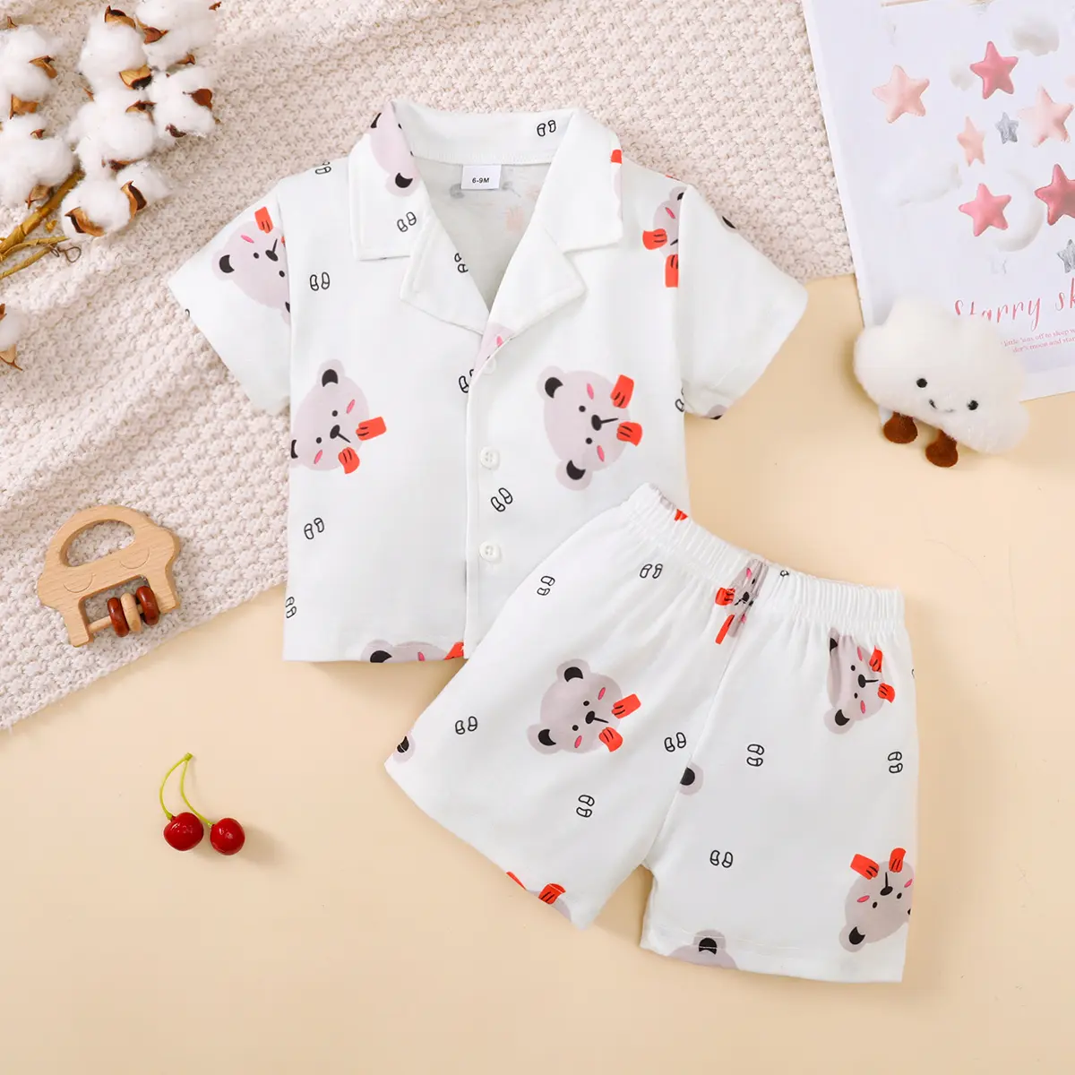 Children's Girls' Cartoon Pajamas Teddy Bear Strawberry print Short sleeved+Shorts 2Pcs/Set 0-3 Years old Cute Baby Girl Pajamas