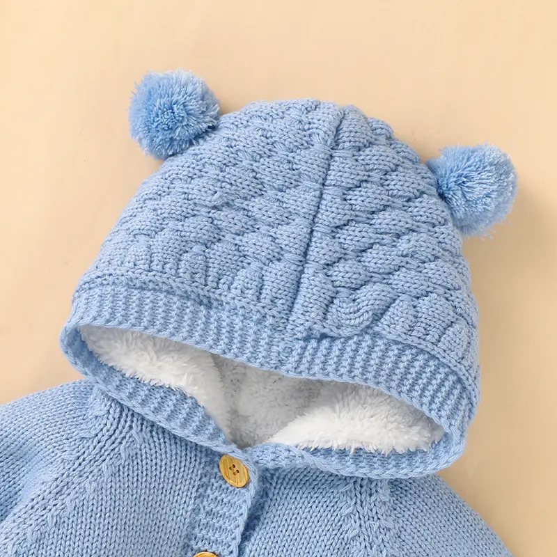 Winter Baby Rompers Clothes Autumn Solid Long Sleeved Knitted Newborn Boys Girls Hooded Jumpsuits Outfits Toddler Knitwear 0-18m