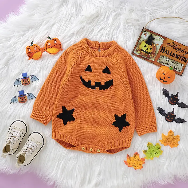 Baby Bodysuits Clothes Orange Black LongLong Sleeve Knitted Newborn Boys Girls Halloween Onesie Outfits 0-18m Infant Winter Wear